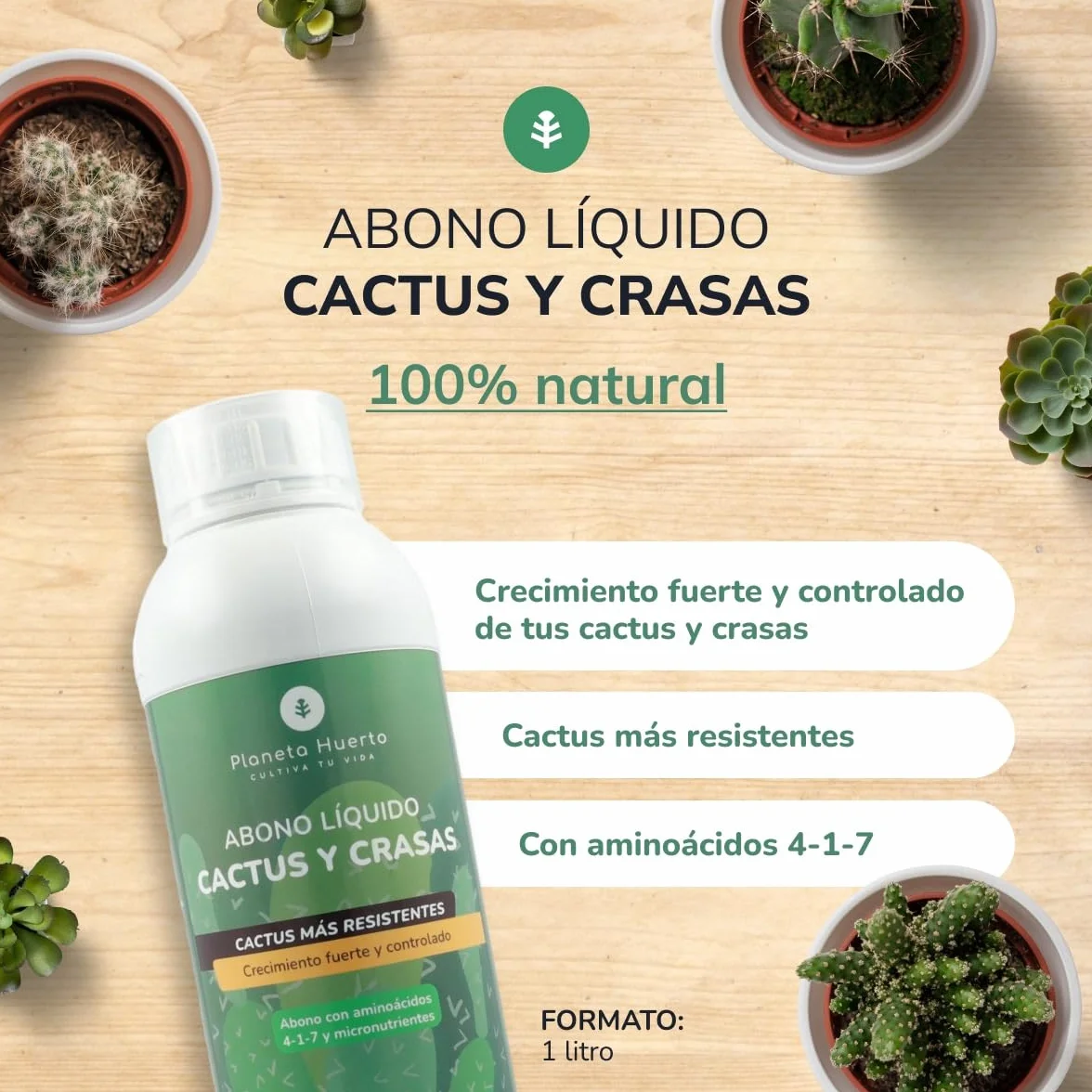 PLANETA HUERTO | Engrais liquide pour cactus et plantes succulentes 1 L – Engrais liquide biologique avec acides aminés et micronutriments, favorise la croissance
