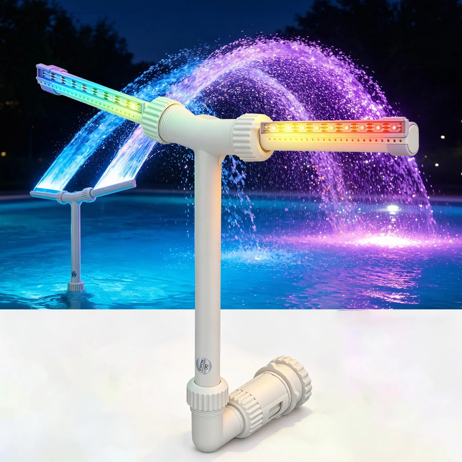 Fontaine solaire cascade LED télécommande APP 11 couleurs 6 modes rechargeable 10h autonomie piscine hors-sol encastrée