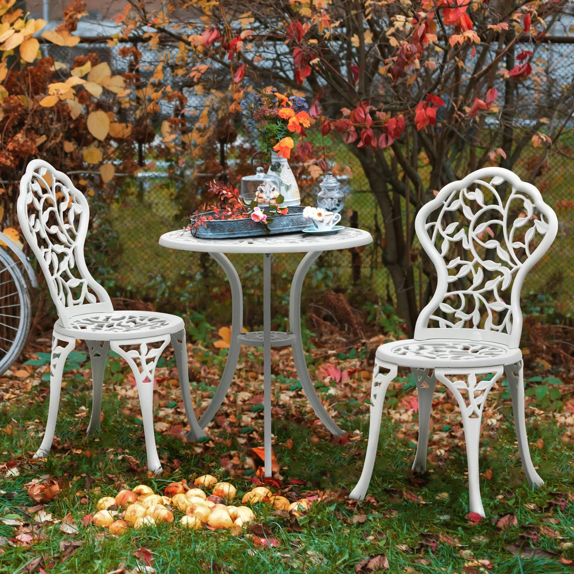 Yaheetech Ensemble de Bistrot en Métal 3 Pièces Design Vintage Feuillage Table et 2 Chaises Blanc