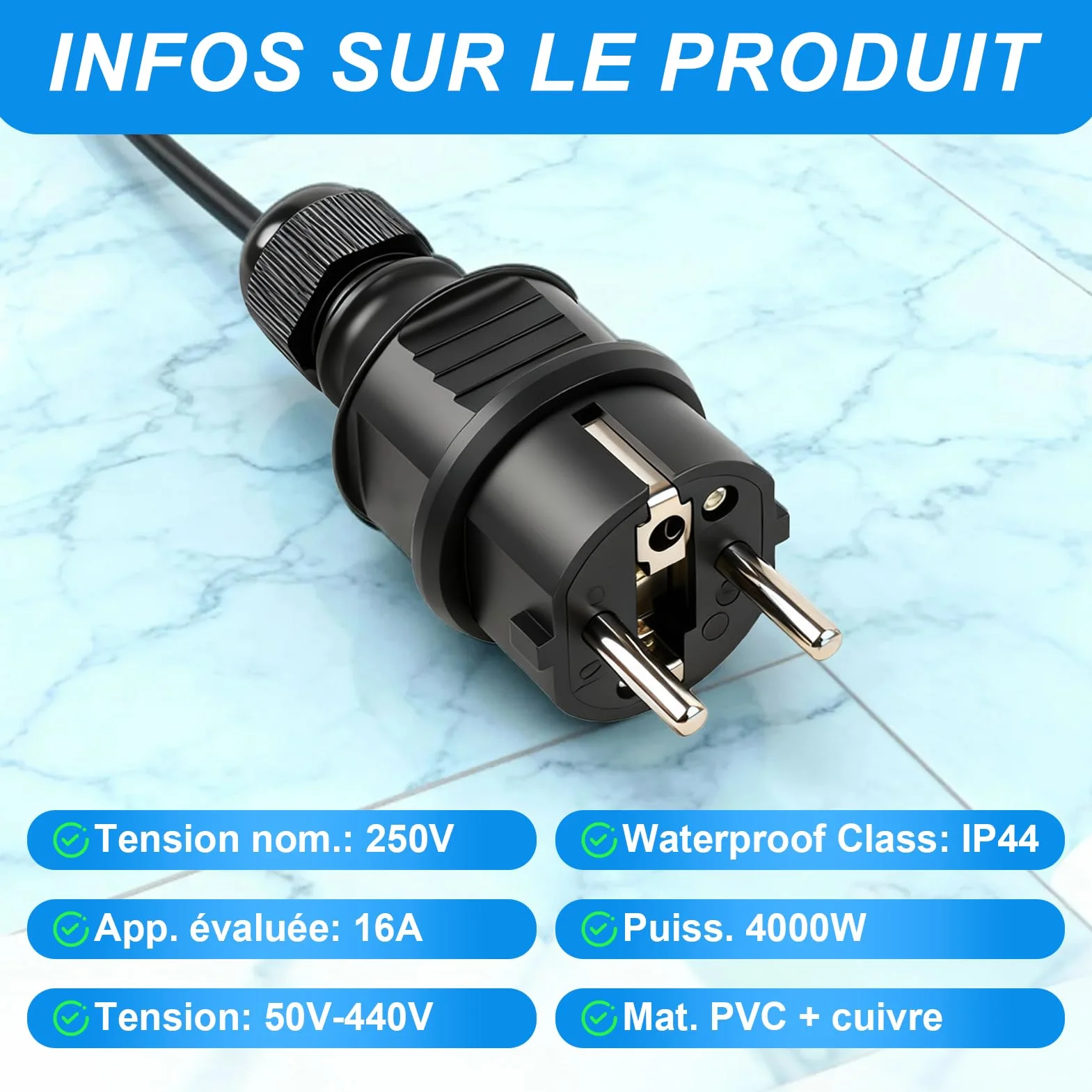 Fiches Mâles 250V 16A Prise Électrique Mâle de Sécurité avec Protection Connecteur Câbles d'Alimentation