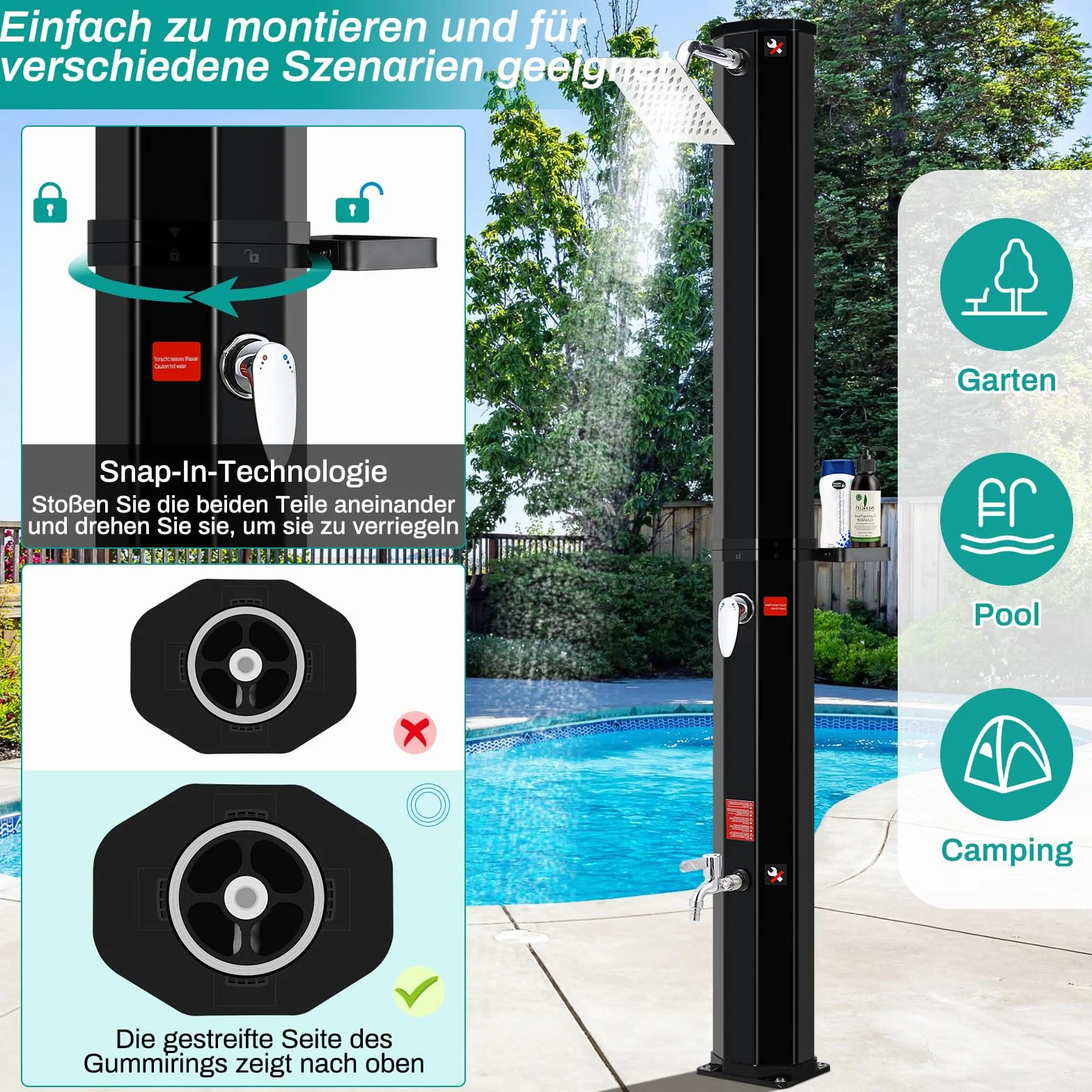 Douche Solaire 60L avec Pommeau et Robinet, Jusqu'à 60° sans Raccordement Électrique pour Piscine