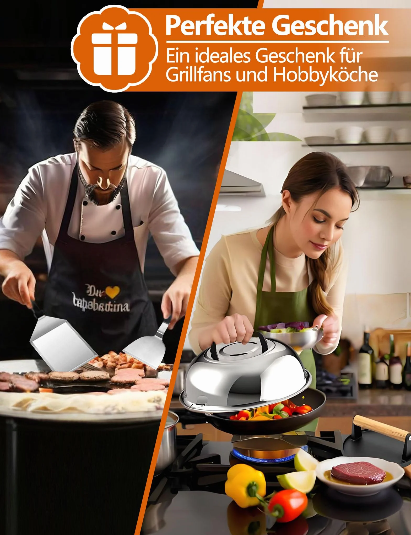 Kit Ustensiles Barbecue 4 pièces avec Presse Burger Fonte et Spatules Coudée Acier Inoxydable Cloche Plancha Smash Burger Press Set BBQ