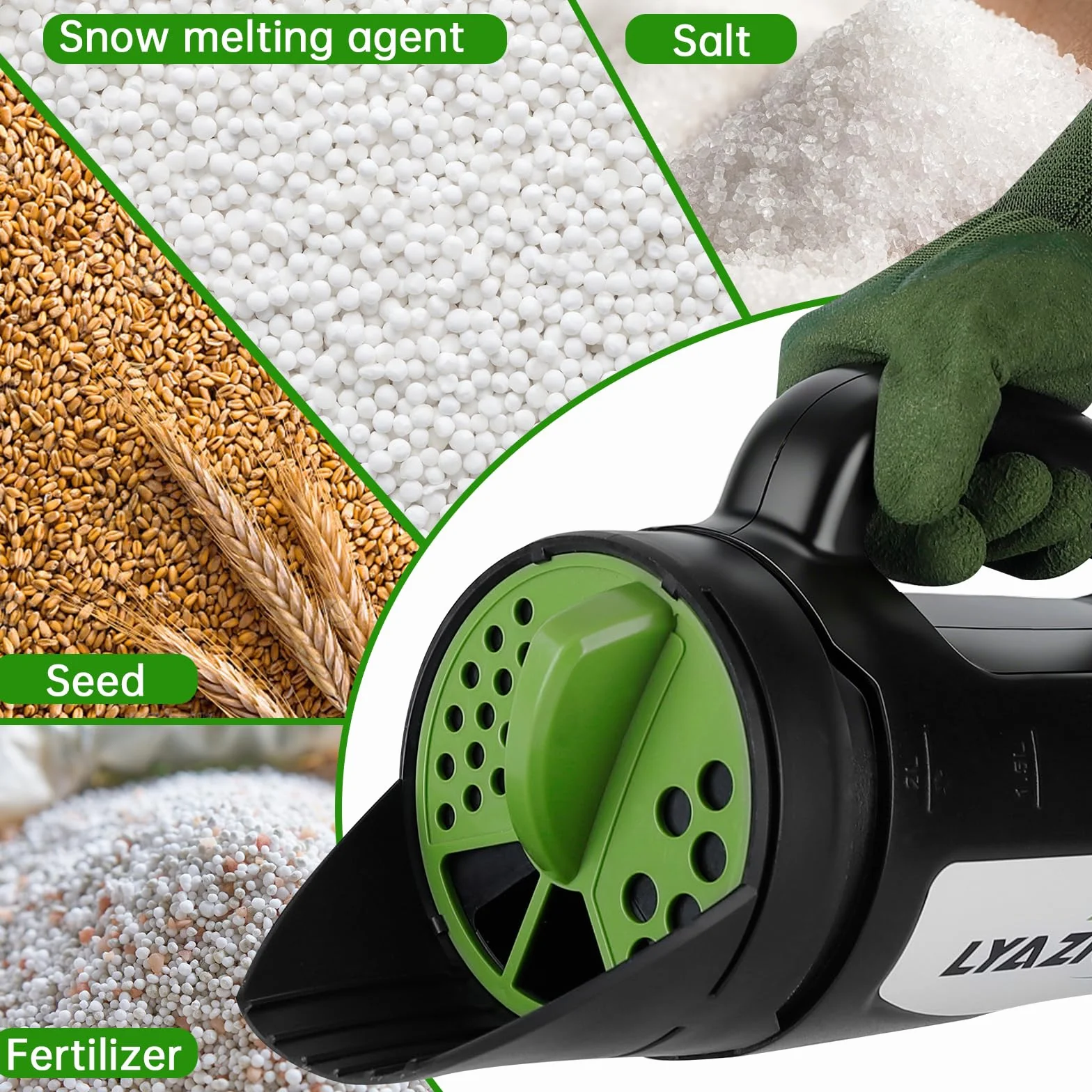 Épandeur portatif pour semences d'herbe, engrais, glace fondue et terre alimentaire, épandeur multi-usage pour pelouse et jardin avec tailles d'ouverture réglables, 2,5 L