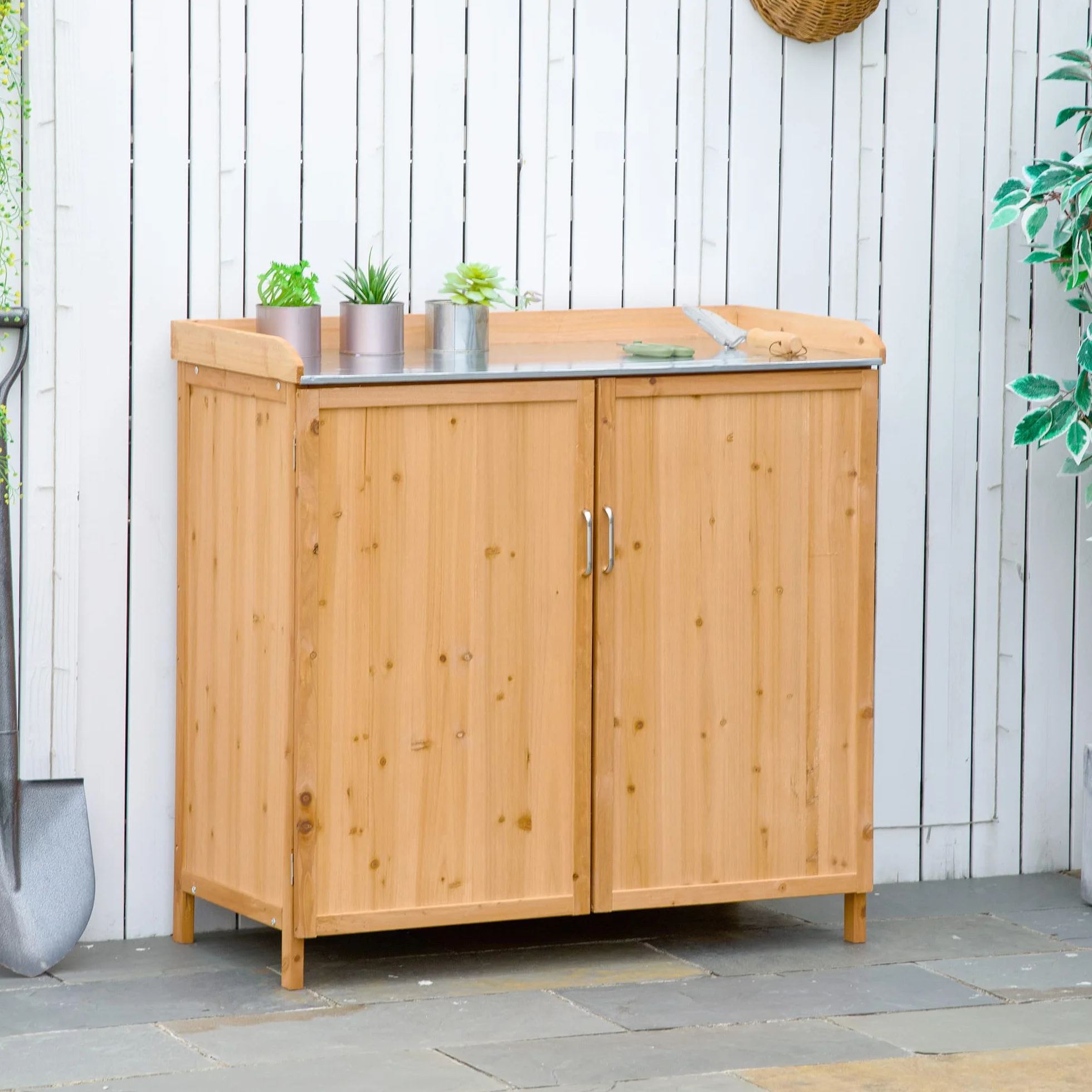 Outsunny Armoire de Jardin sur Pied Table de rempotage 2 en 1 Acier galvanisé Bois de cèdre