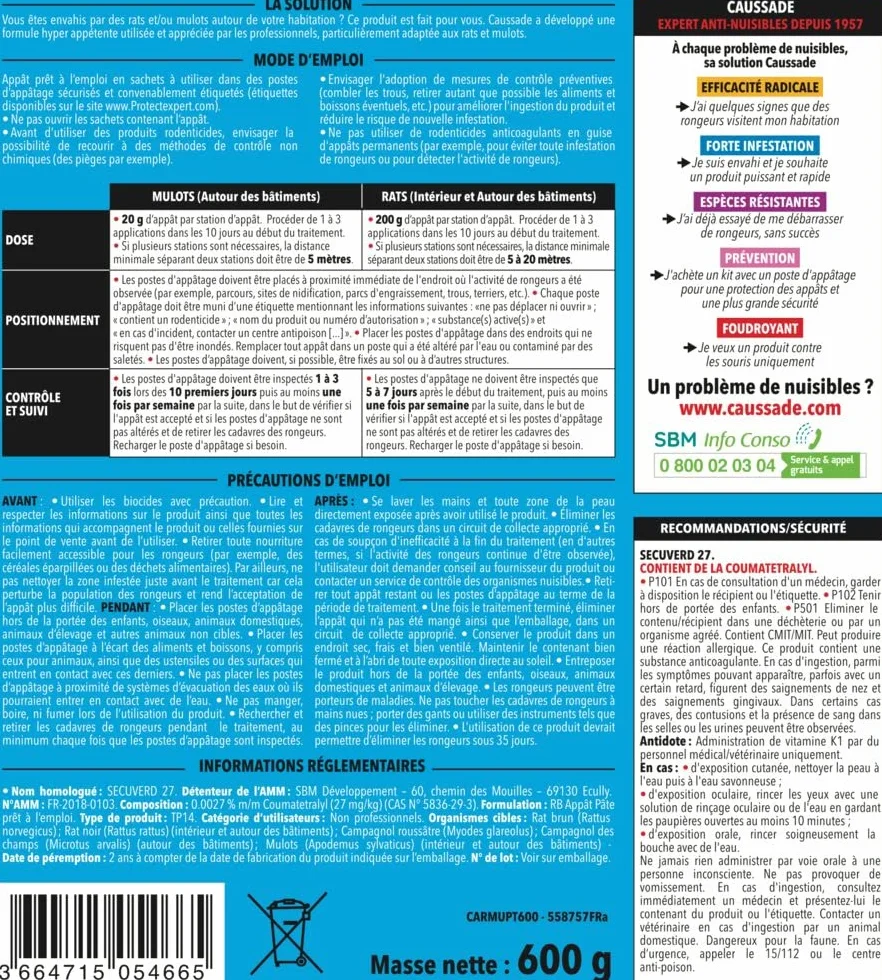 Caussade Anti Rats & Mulots - Efficacité Radicale - Lieux secs & humides - 60 sachets Pâtes - prêt à l'emploi - Une Ingestion Suffit – Fabriqué en France - 600g CARMUPT600