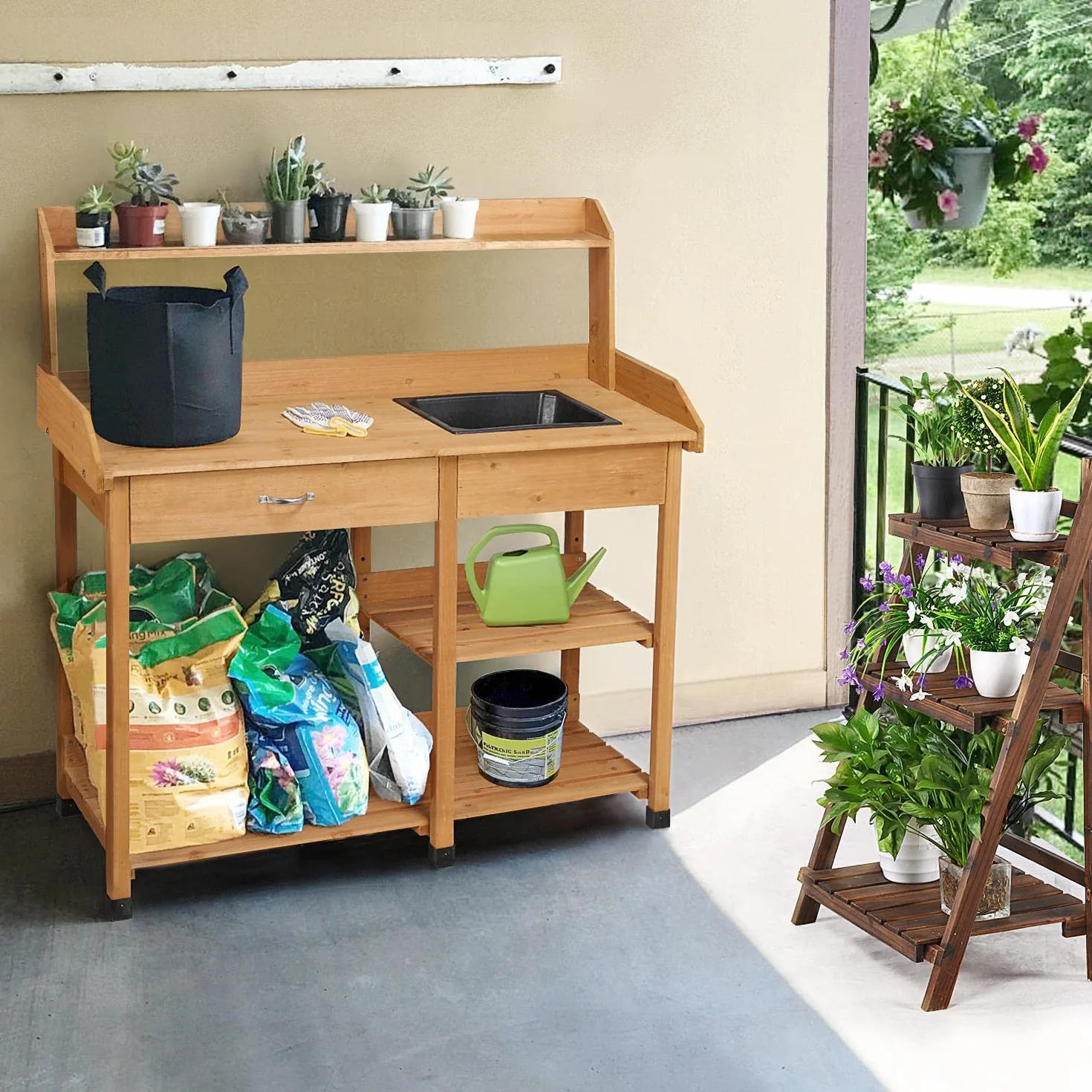 Table de Rempotage en Bois avec Évier Amovible et Rangement pour Jardinier