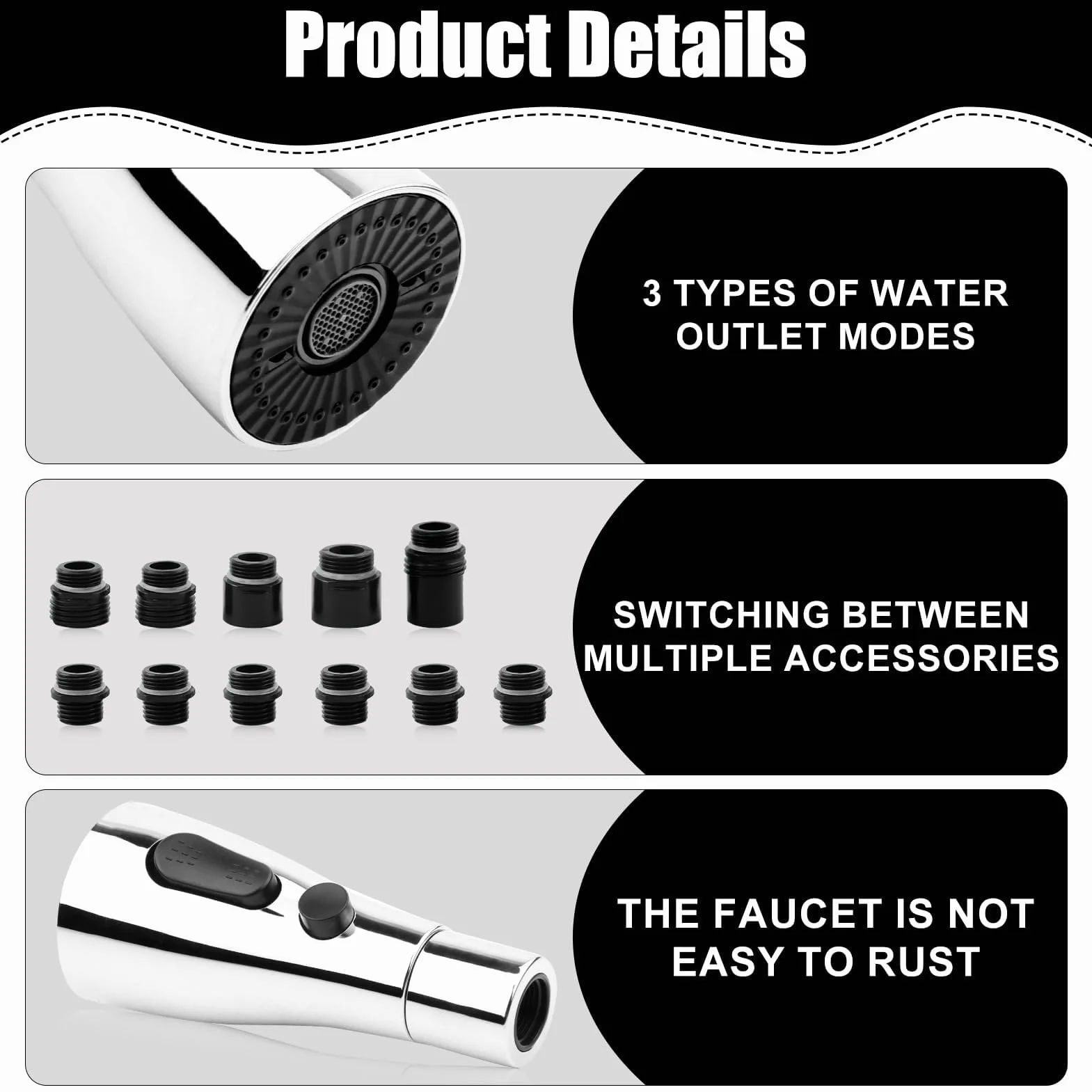 Douchette Robinet Cuisine 3 Modes avec 11 Adapteurs G1/2'' Extractible Rétractable