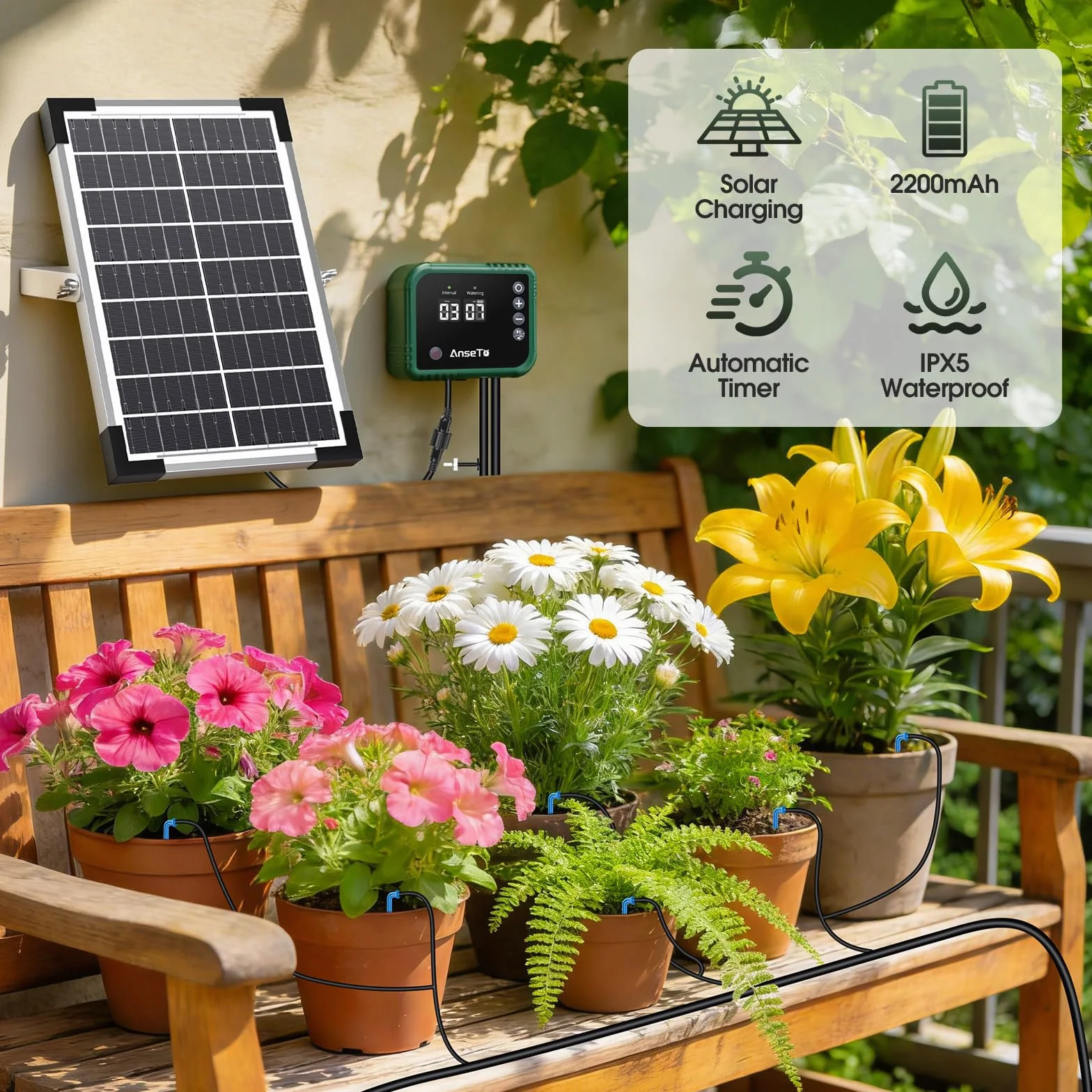 Kit Arrosage Goutte à Goutte Solaire 8 W avec Minuterie Intégrée, Tuyau 35M et 30 Goutteurs pour Jardin