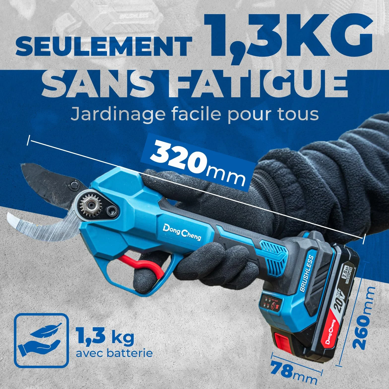 Dong Cheng Sécateur Électrique Sans Fil 20V, 4 Niveaux de Coupe Jusqu'à 35 mm, Lame SK5 avec 2 Batteries 2.0Ah, Sécateur de Jardin Professionnel à Moteur Sans Balais pour Jardin, Branche et Arbuste