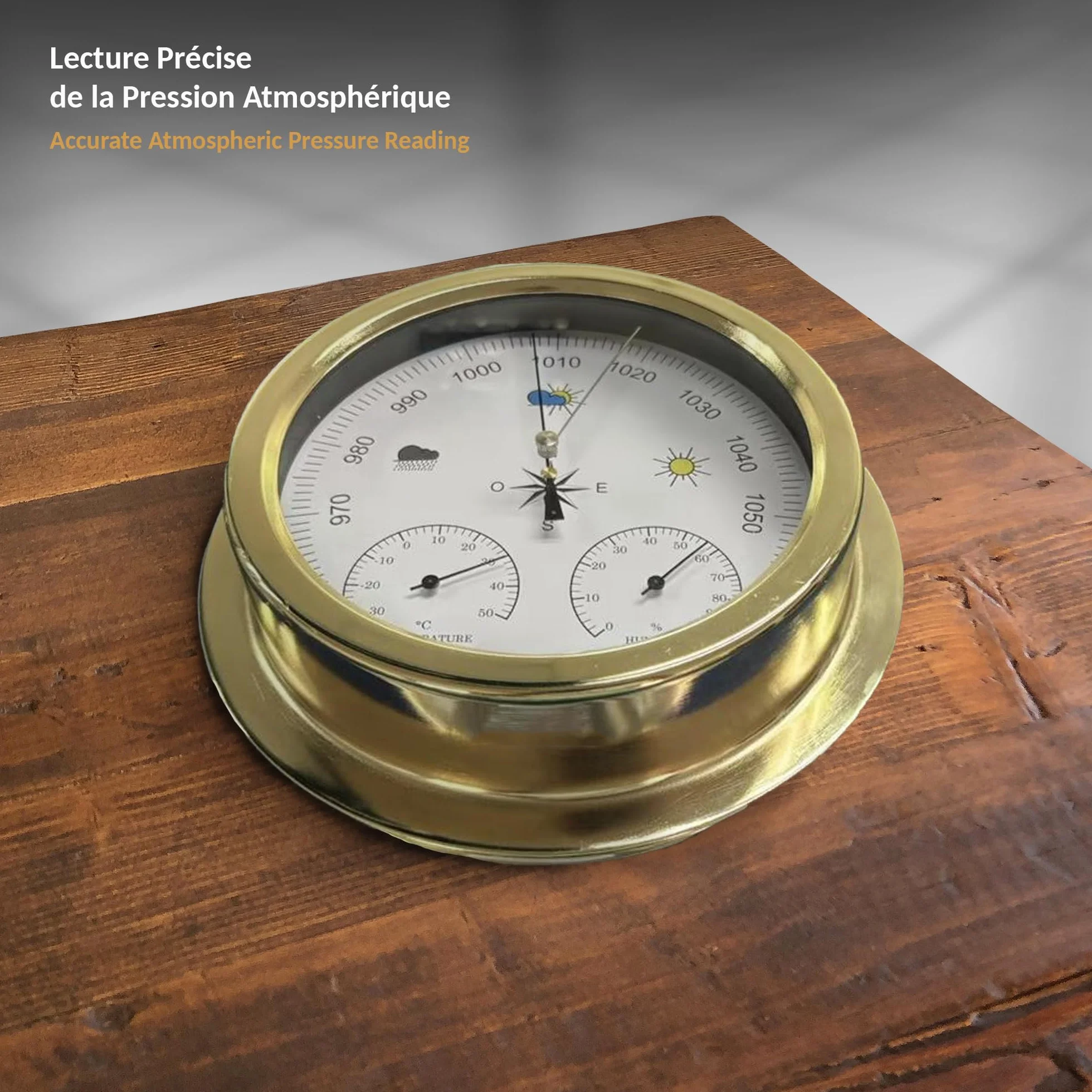 FISHTEC Baromètre Mécanique 3 en 1 Thermomètre Hygromètre Cadre Métal Doré Ø22,5 cm Lecture Pression 961-1059 hPa Design Vintage
