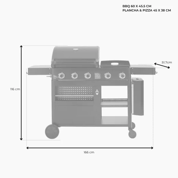 Cook'in Garden - Barbecue Gaz FLAMY, 3 en 1, Plancha + Four à Pizza + barbecue gaz 3 brûleurs, Grilles en fonte émaillée