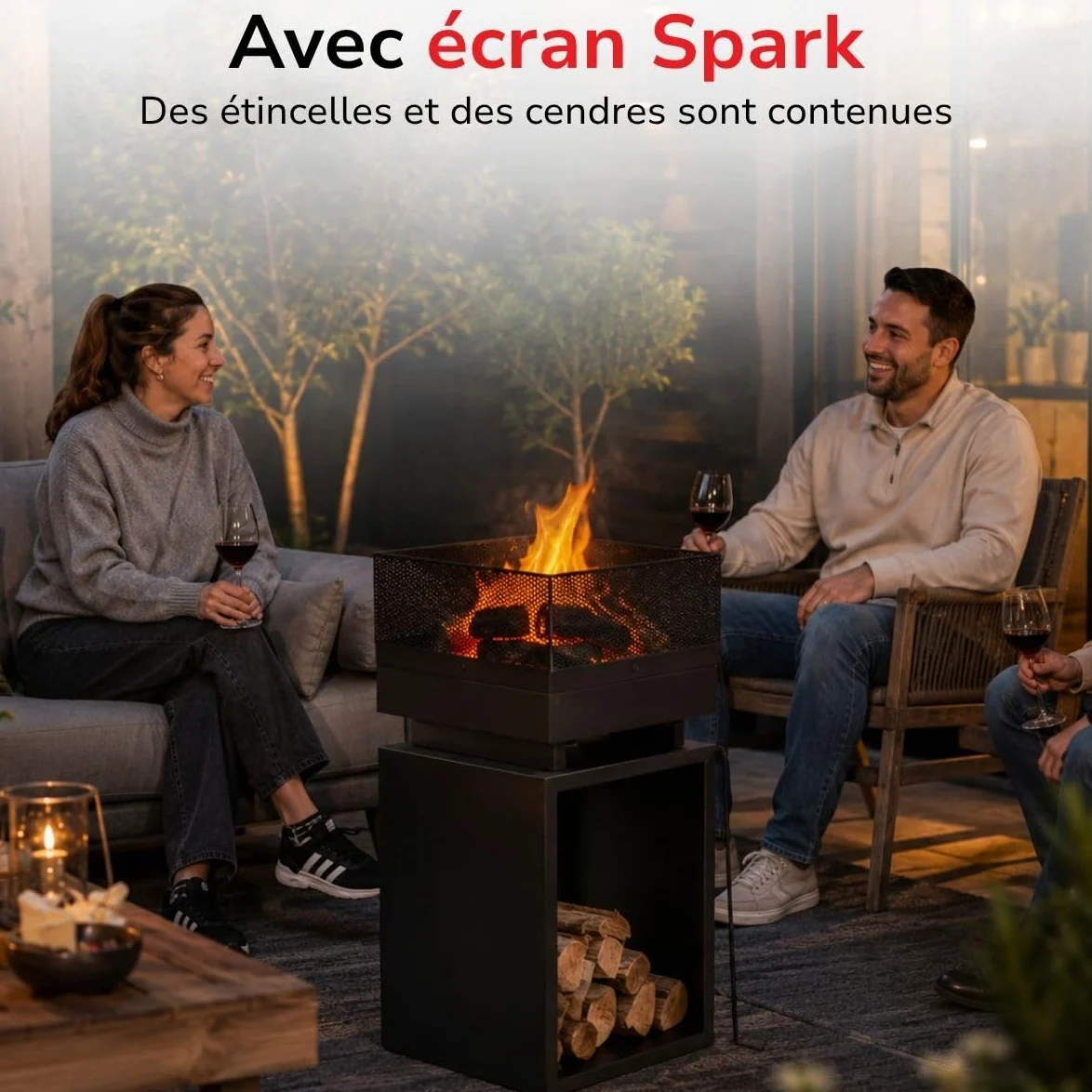 BBQ Collection Brasero Exterieus avec Pare-Étincelles - Cheminée de Jardin 39 x 39 x 85 cm - Cheminée Decoration Jardin Exterieur et Rangement du Bois de Chauffage - Acier au Carbone
