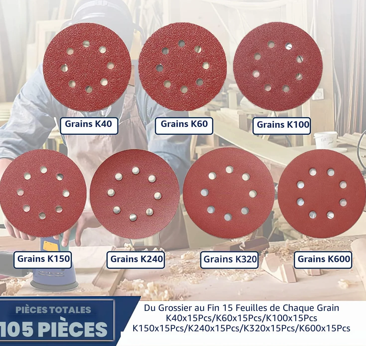 Disque de Ponçage 125mm 105PCS Papier Abrasif 8 Trous Grain 40-600 pour Ponceuse Excentrique