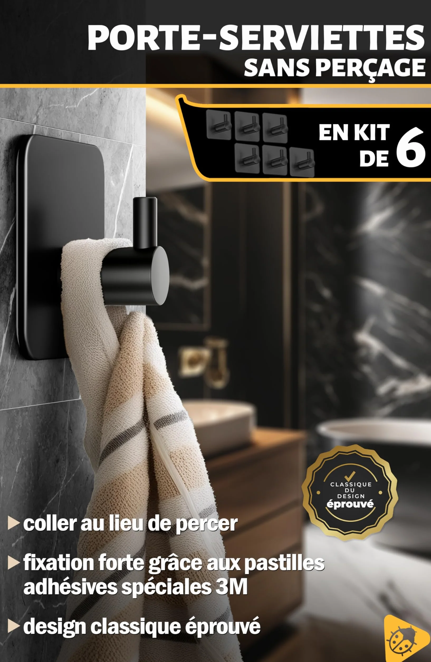 Menz Porte Serviette Crochet Adhesif Mural Acier Inox Noir Imperméable 6 Pièces Salle de Bain Cuisine