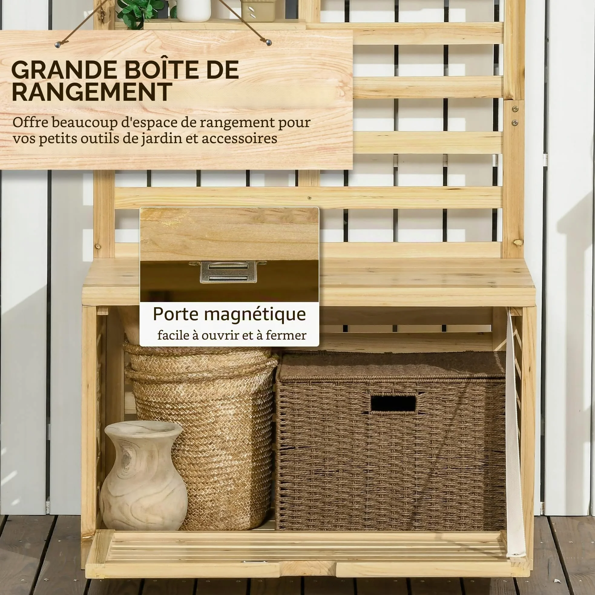 Outsunny Boîte de rangement, coffre de rangement avec treillis, boîte de rangement avec étagères, coffre de jardin, boîte à coussins, en bois massif, naturel, 80 x 45 x 160 cm
