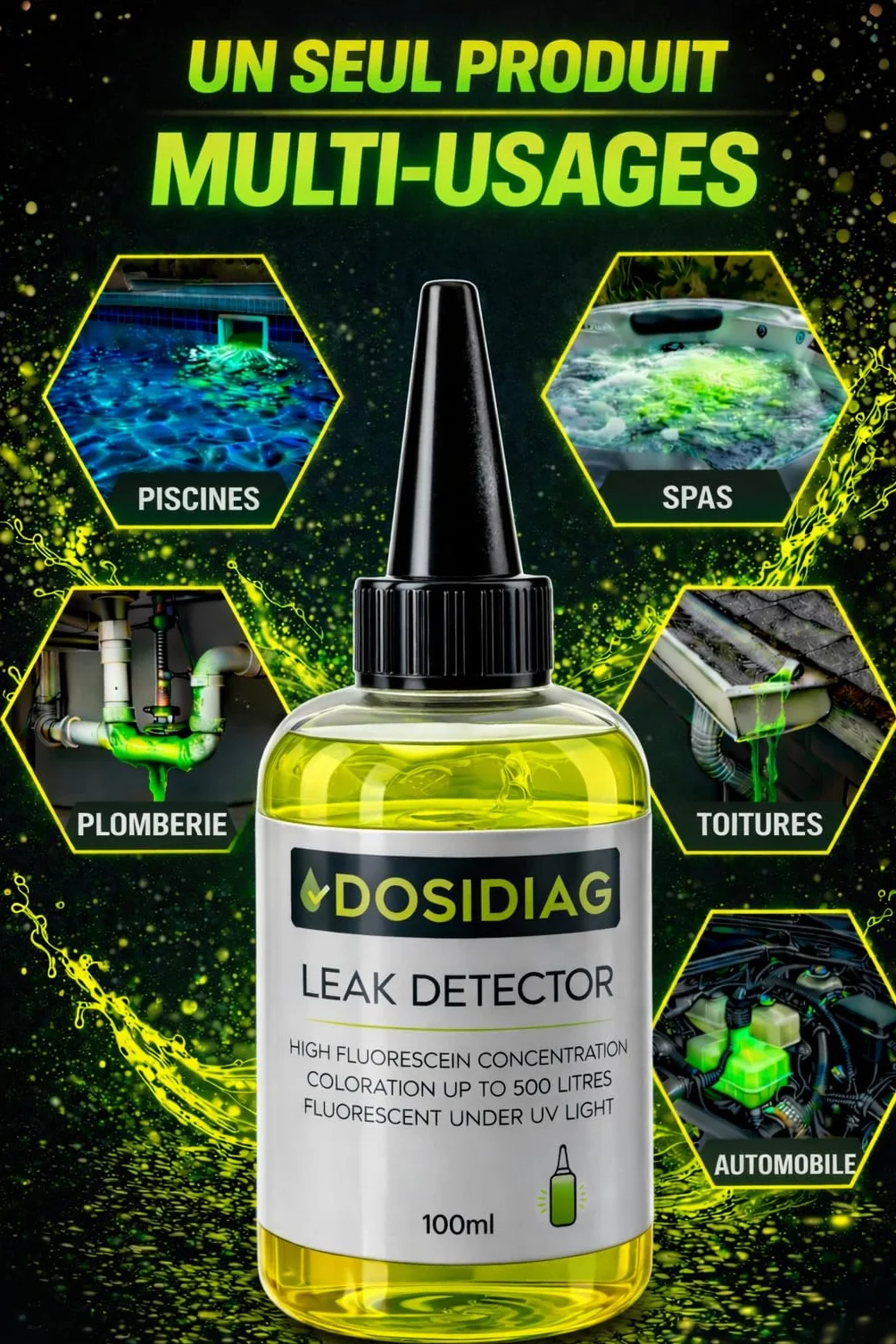 Détecteur de fuite DOSIDIAG - Fluorescéine haute concentration - Recherche fuite piscine SPA plomberie toiture voiture