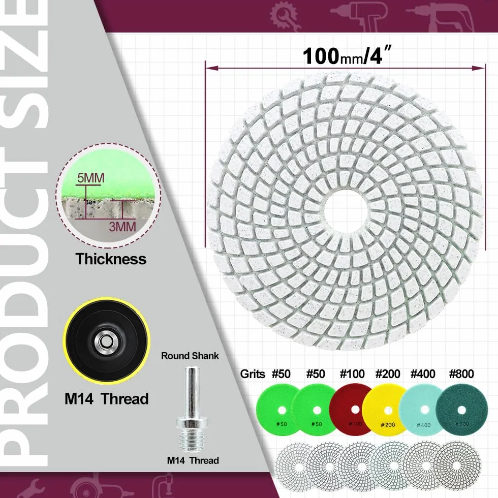 Disques de Polissage Diamant 8 Pièces 100mm Grain 50-800 pour Marbre Granit Quartz
