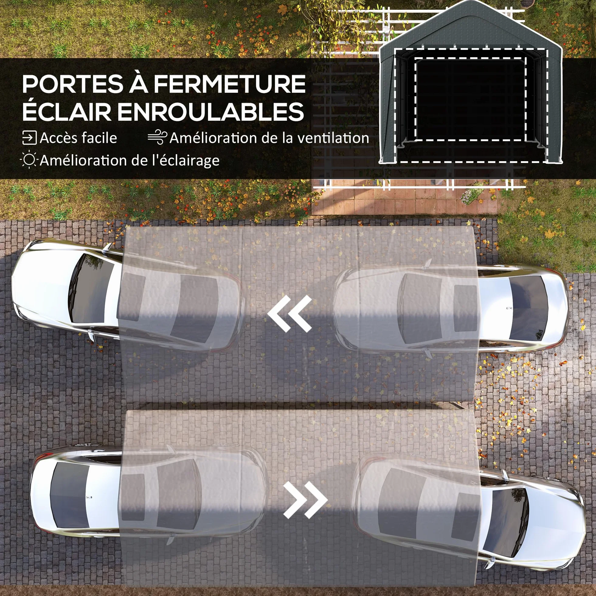 Outsunny Carport Tente de Garage 3 x 6 m, abri Voiture extérieur, Tente de Stockage avec parois latérales Amovibles et 2 Portes zippées enroulables, carport pour Voiture, Camion, Bateau, Gris foncé