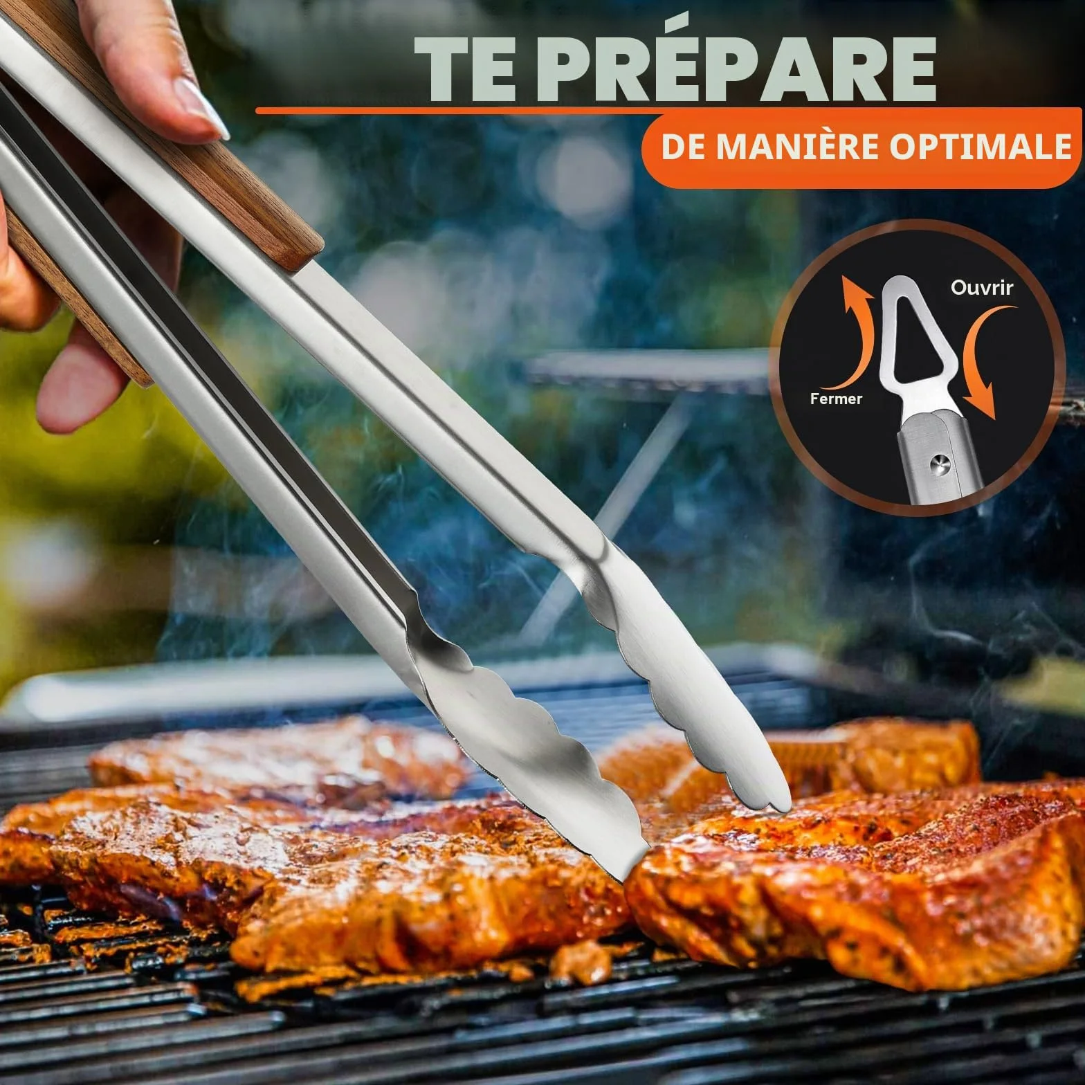 TIVOLI Lot de 4 ustensiles de barbecue en acier inoxydable avec poignées en bois