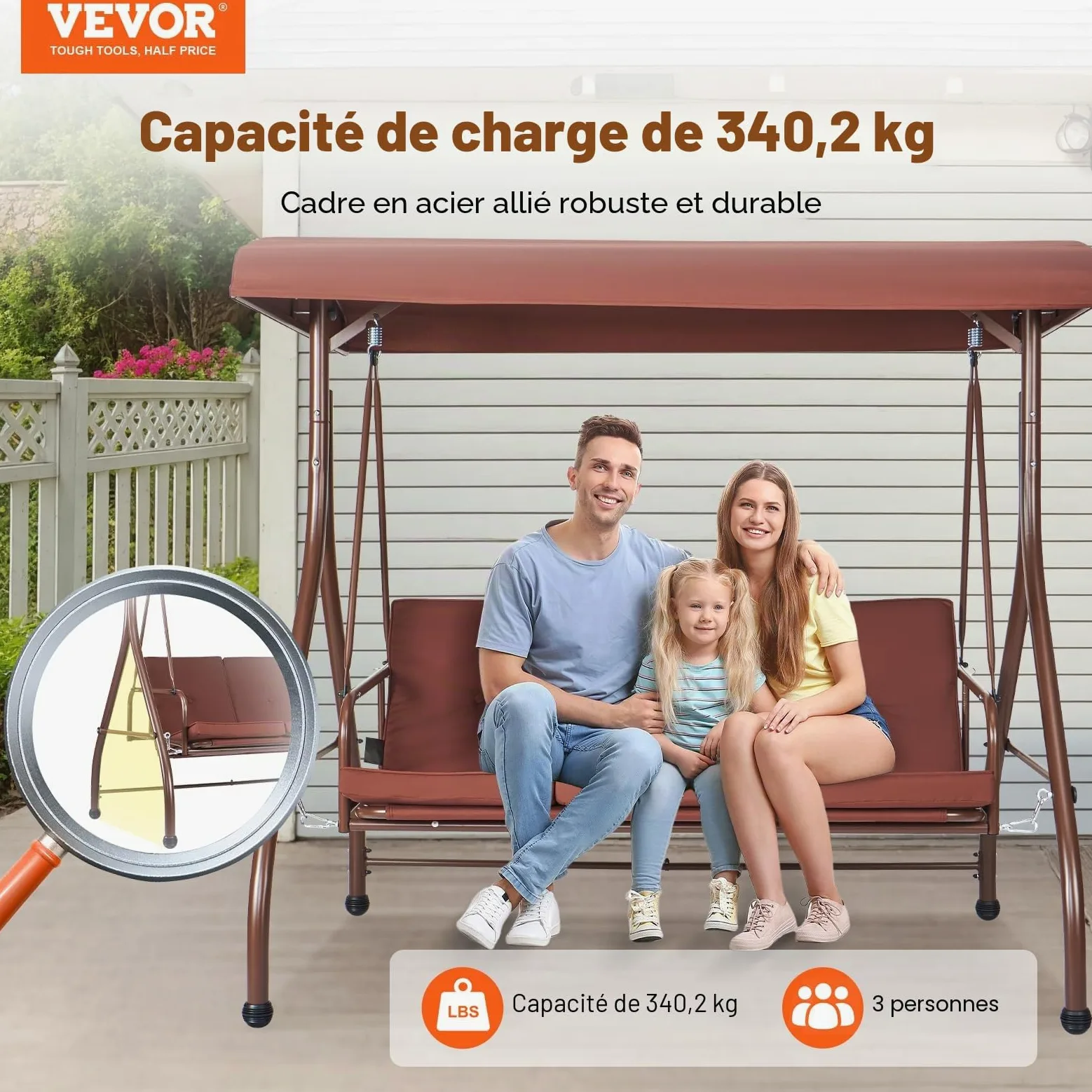 VEVOR Balancelle de terrasse 3 Places, balançoire Convertible avec auvent réglable de Porche extérieur, avec Coussin épais Amovible, Cadre en Acier allié, pour Balcon, Jardin, Bord de Piscine, Marron