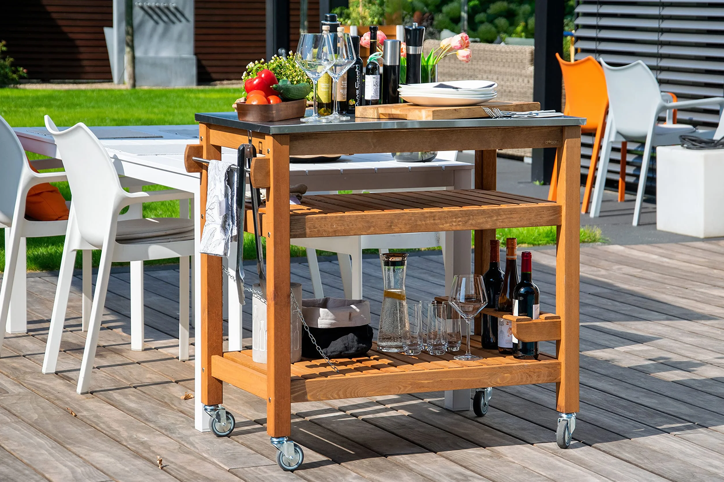 dobar Desserte à roulettes d'extérieur Plateau Acier Inoxydable 94 x 58 x 90 cm Pin Marron
