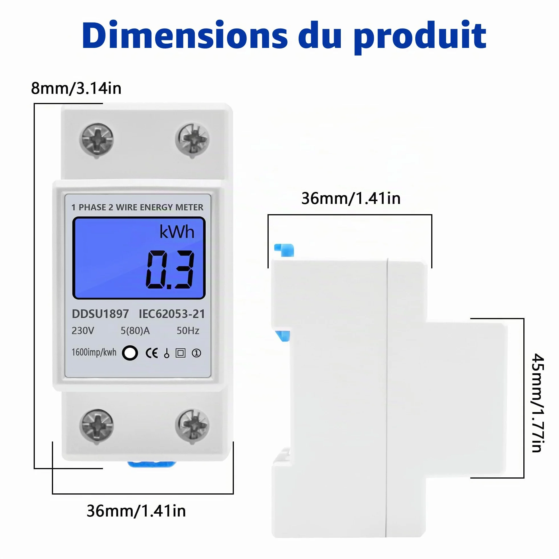 Compteur Électrique Monophasé LCD Rétroéclairé 50/60Hz Rail DIN 230 5(80)A Mesureur Consommation kWh