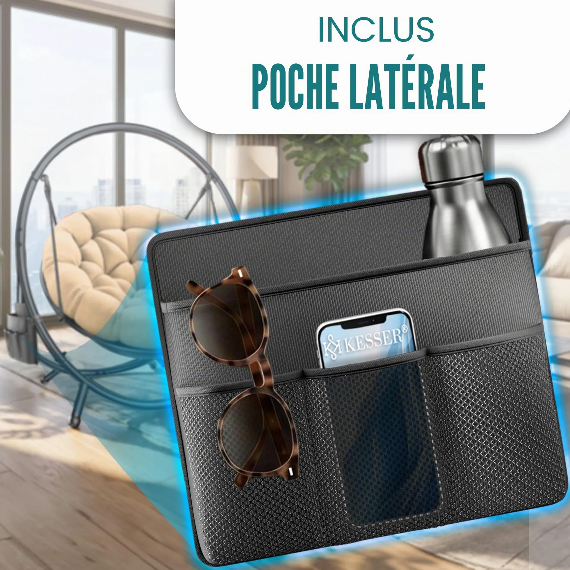 KESSER Fauteuil suspendu Bali balançoire chaise 150 kg acier intérieur extérieur coussin poche latérale