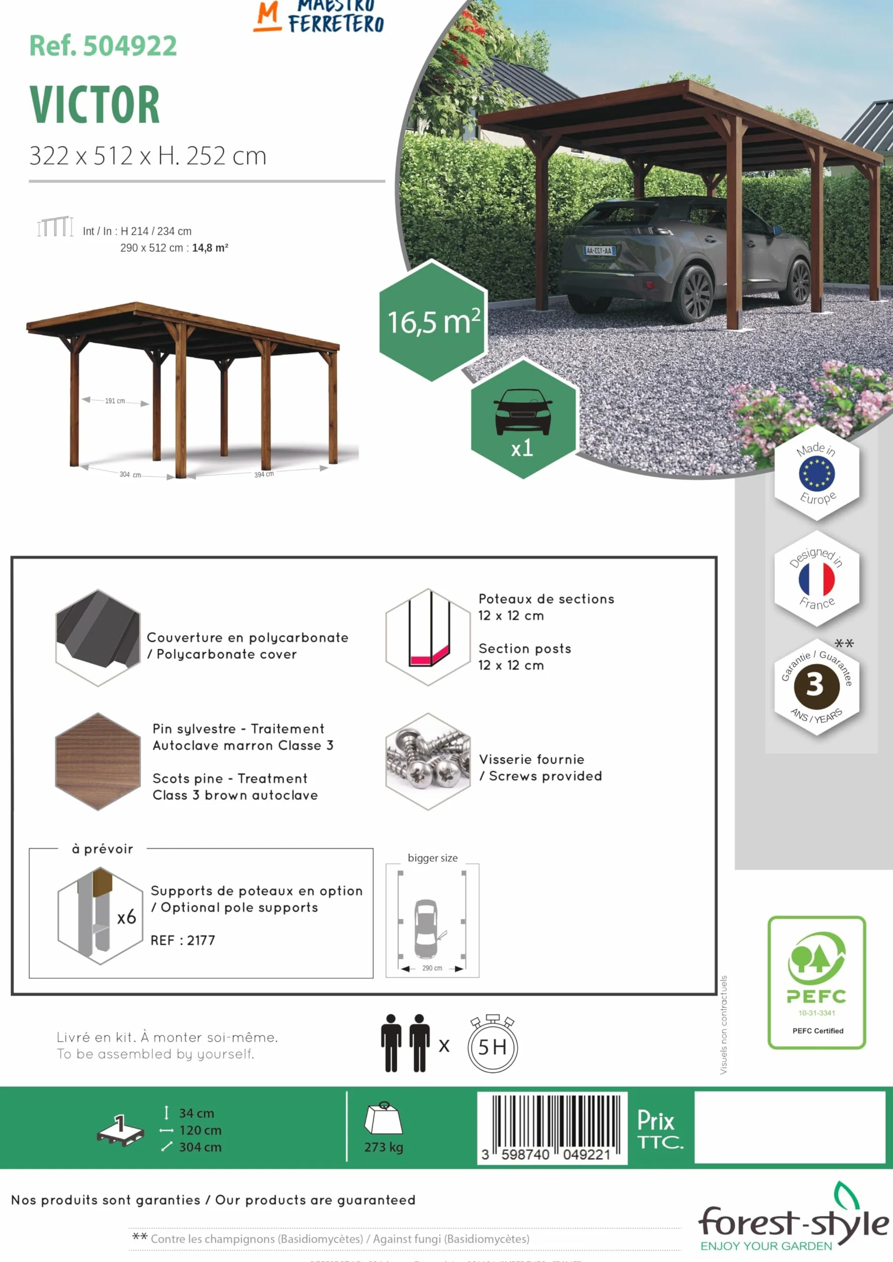 Carport Bois 1 Voiture 16,5 m² Victor
