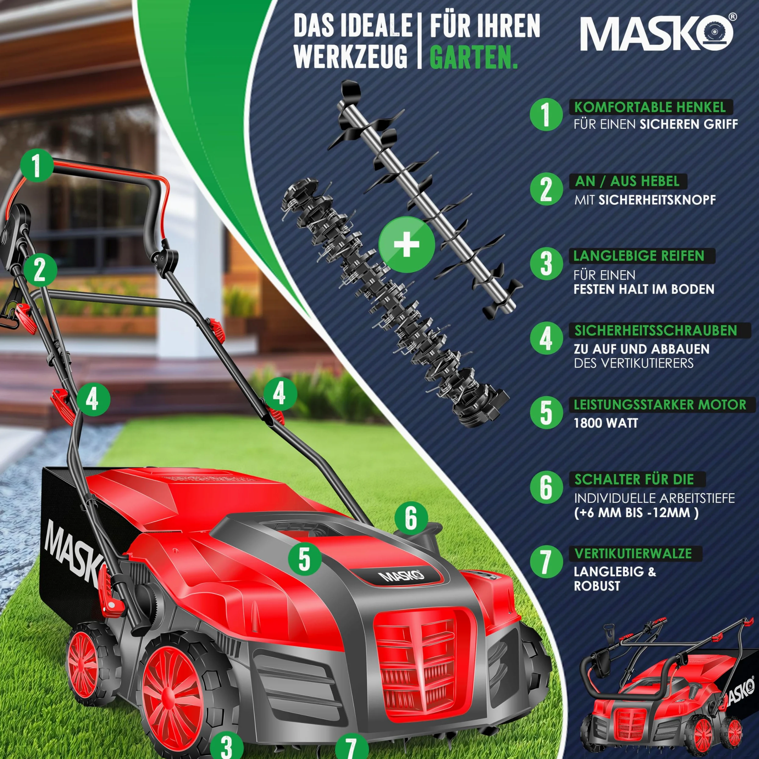 MASKO® Scarificateur électrique 2 en 1 Aérateur de gazon 1 800 watts largeur de travail 40 cm bac de ramassage 55 L incluant rouleau de ventilation aérateur démousseur, profondeur de travail, rouge