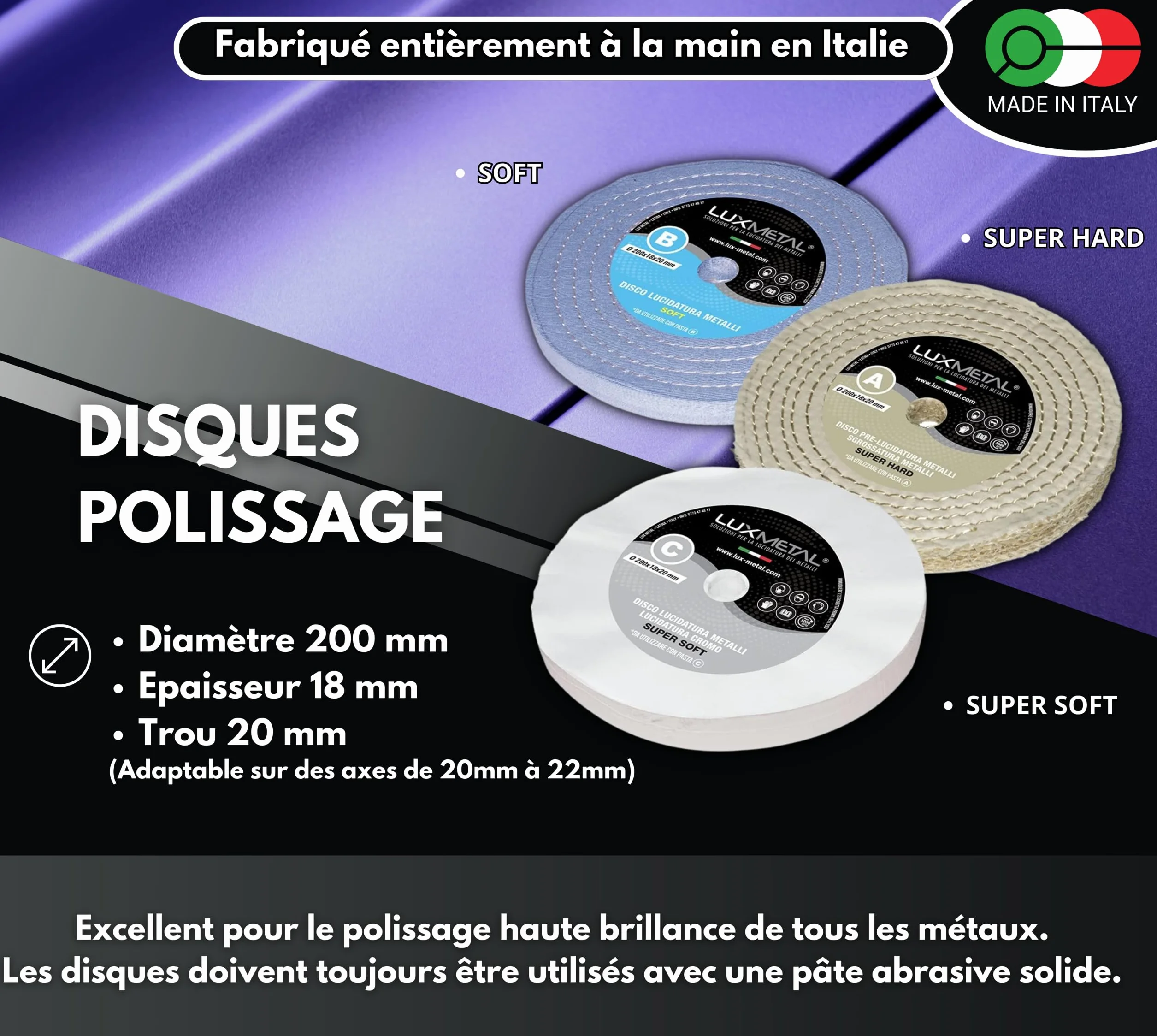 Kit de Polissage 3 Disques 200 mm Soft Super Soft Super Hard pour Aluminium Acier Inoxydable