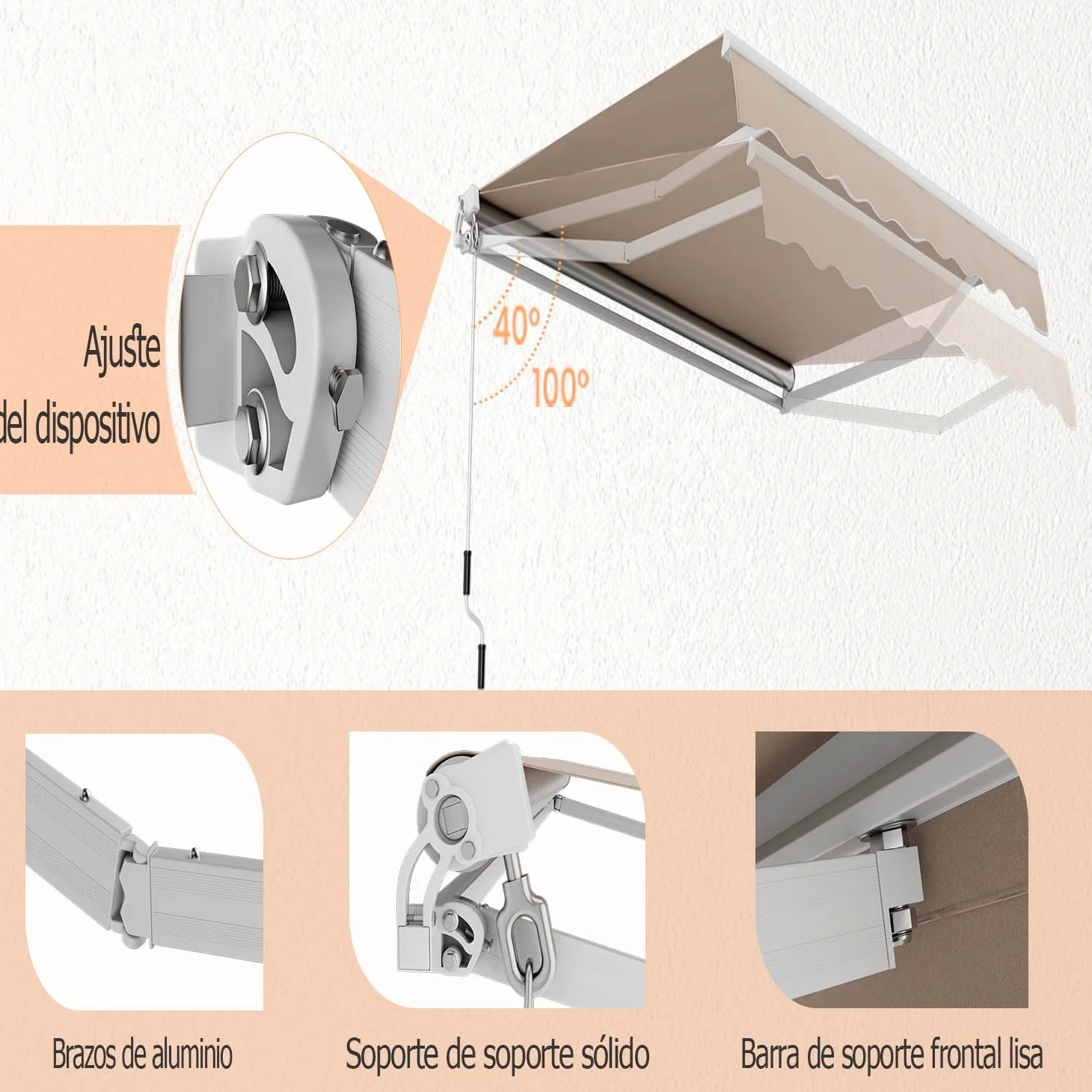 GOPLUS Store Banne Manuel 3,6Mx3M, Auvent de Terrasse Extérieur et Tissu Résistant aux UV avec Manivelle et Angle Réglable 5-35°pour Patio,Balcon,Terrasse(Beige)