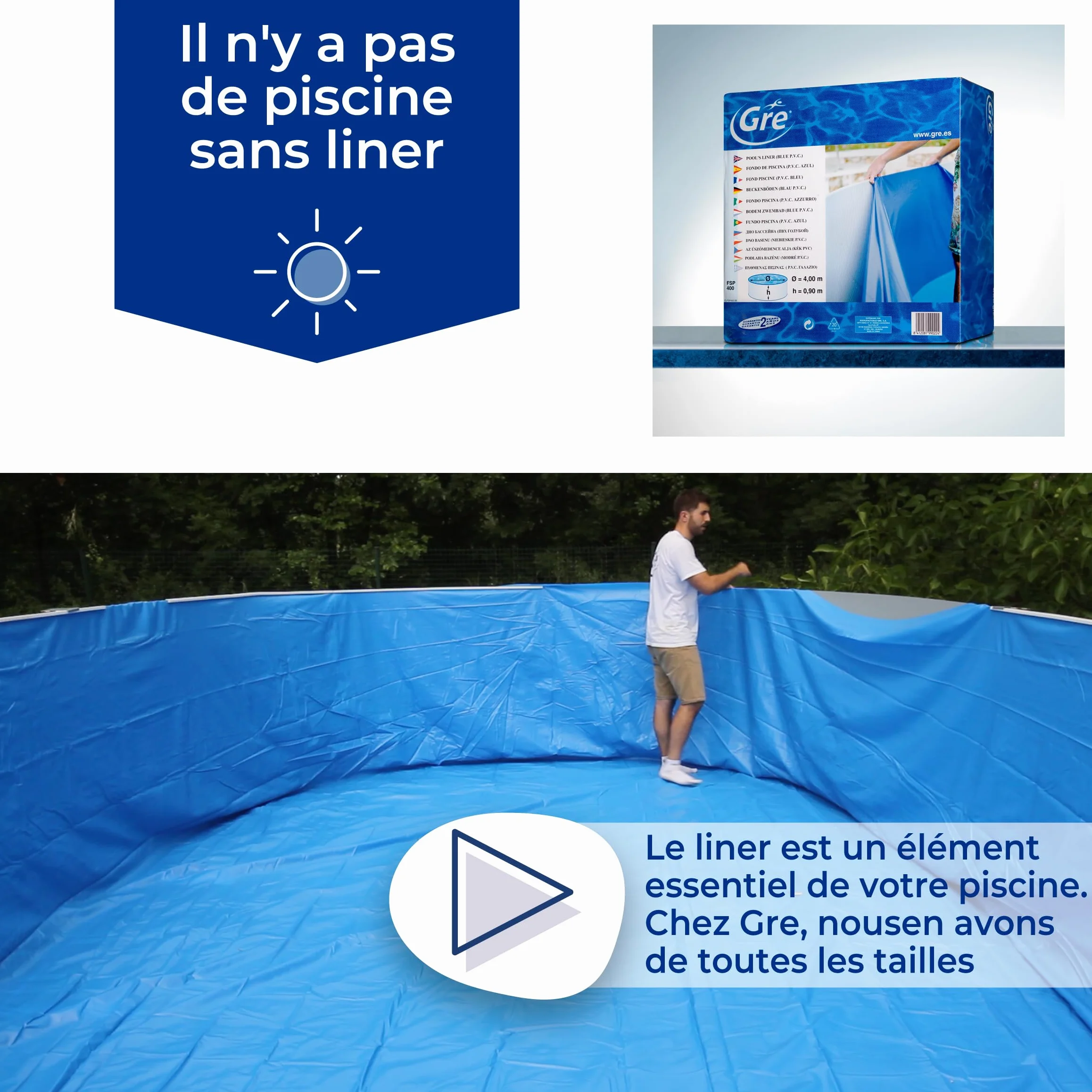 Gre FSP300 Liner uni Bleu piscine Ronde Ø300 H90cm épaisseur 20/100e Overlap