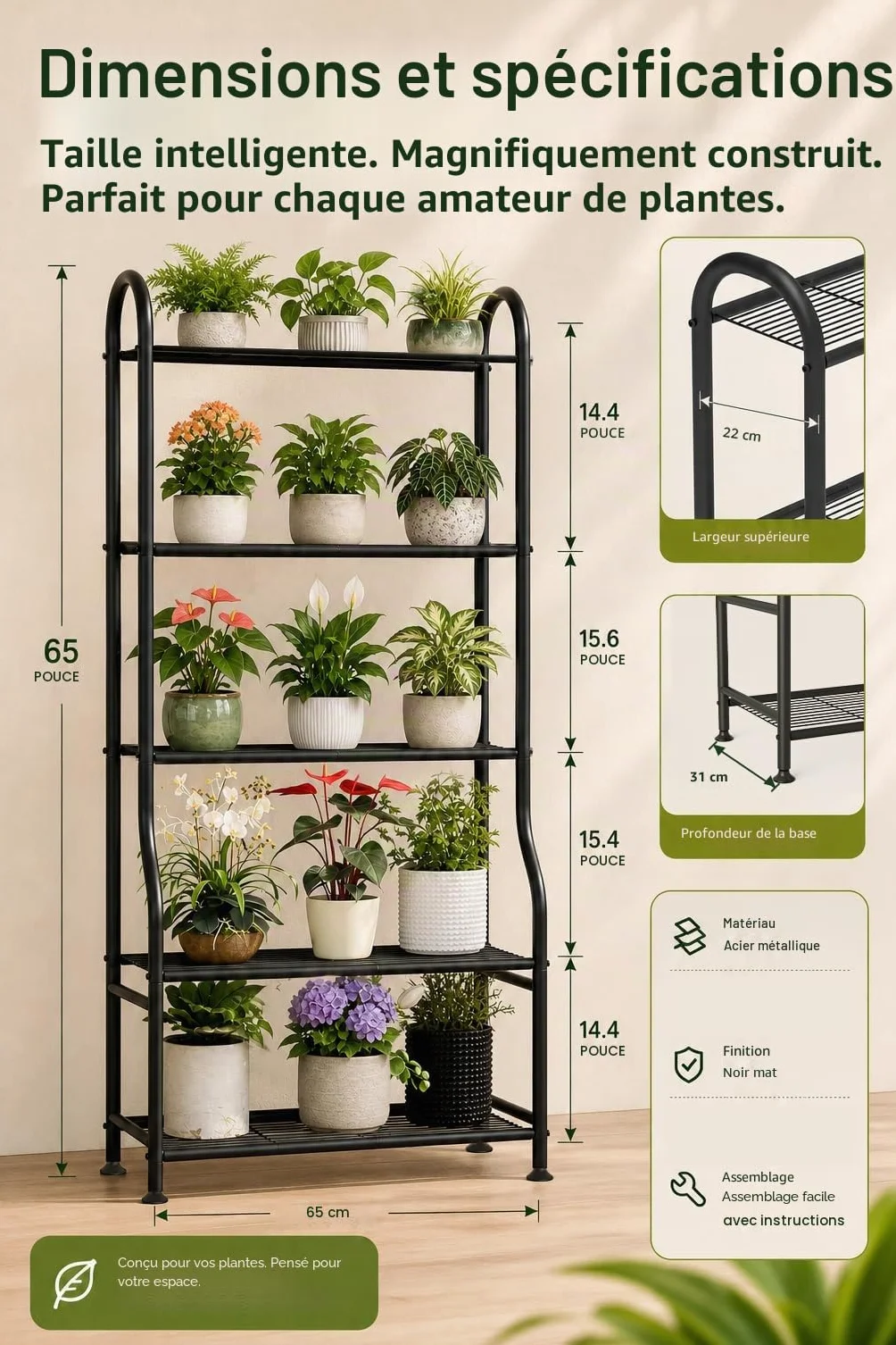 Support en métal pour plantes 5 niveaux 165 cm étagère verticale robuste avec pieds réglables
