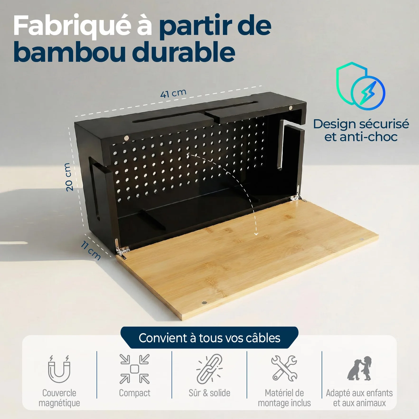 Boîte de Gestion des câbles en Bambou 41x20x11 cm Couvercle magnétique Noir L
