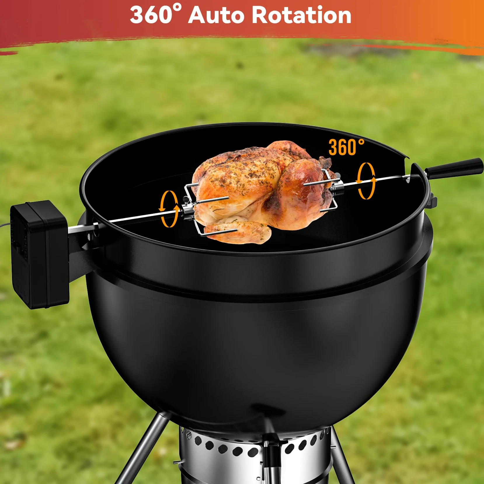 onlyfire Kit de Brochettes Rotisserie avec Moteur DC et Adaptateur, Set de Tournebroche pour Weber Kettle 57cm et Autres Modèles de Taille Similaire, avec 2 Aiguilles à Viande pour Poulet