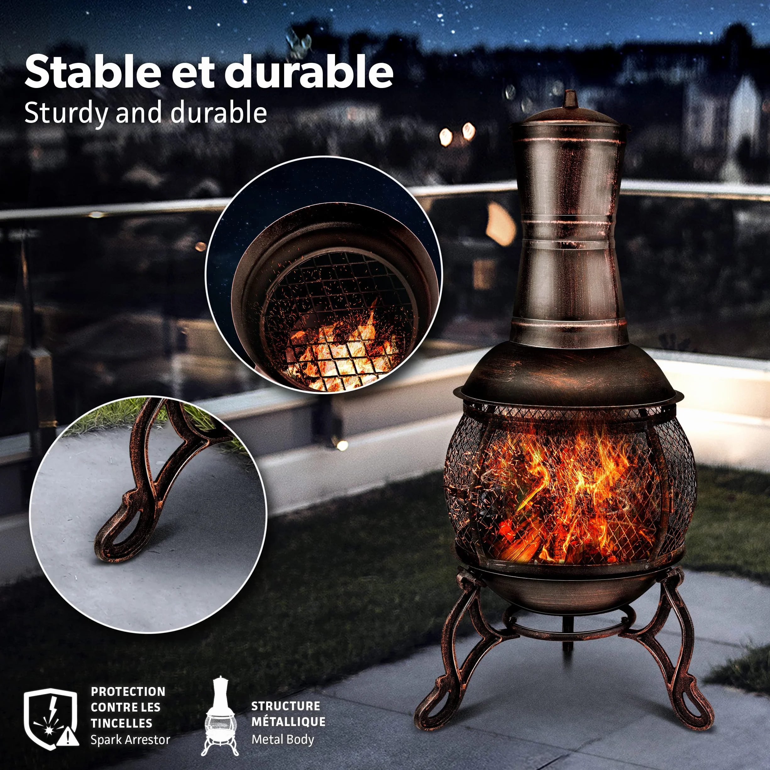 tillvex Cheminée de terrasse extérieure avec Grill | Brasero Mexicain avec Pare-étincelles | Chauffage de Jardin avec Housse | Poêle à Bois | Tisonnier + Grille, BBQ + Accessoires XXL (Bronze, 90)