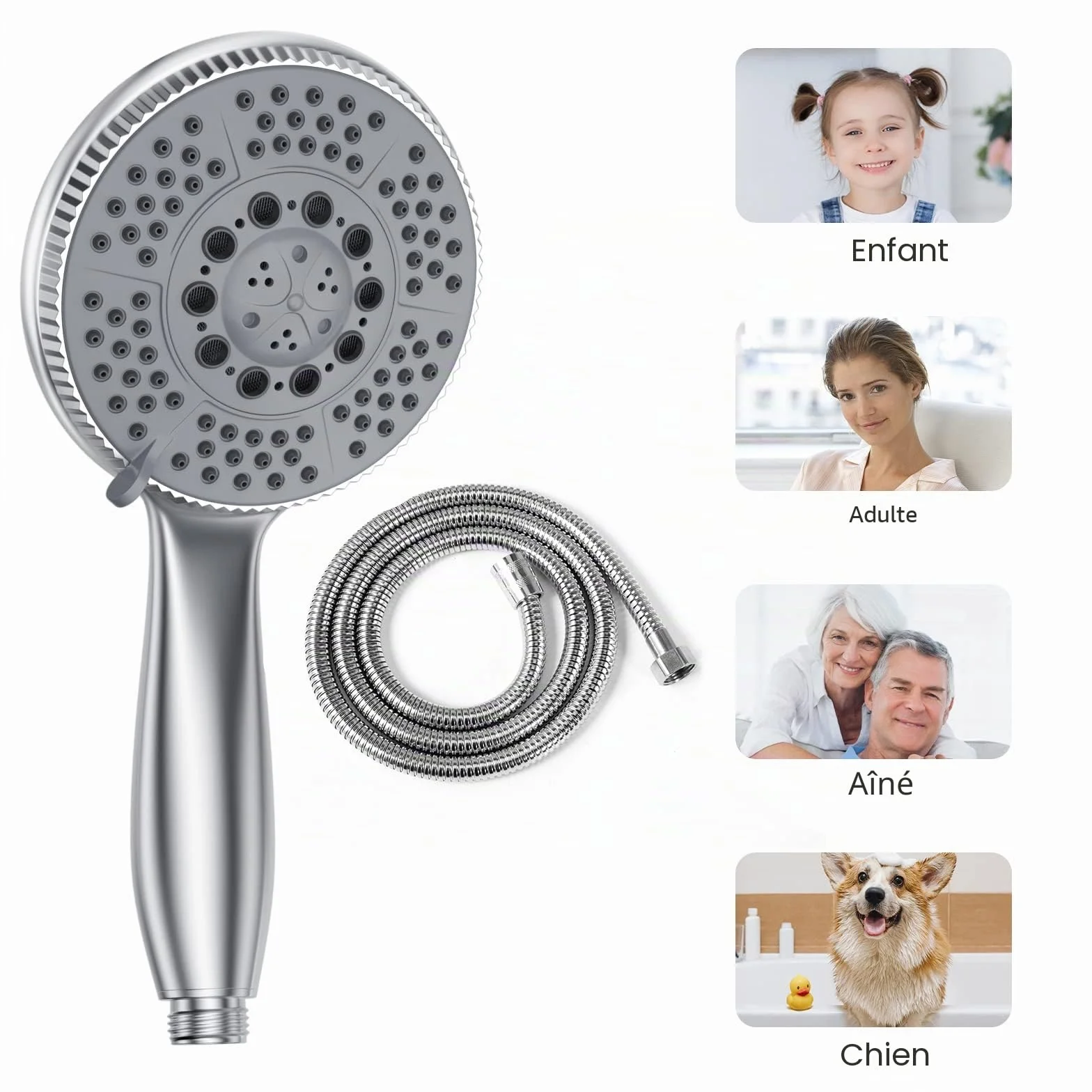 Pommeau de douche 1,5 m tuyau en acier 5 fonctions jets haute pression ABS chromé anticalcaire