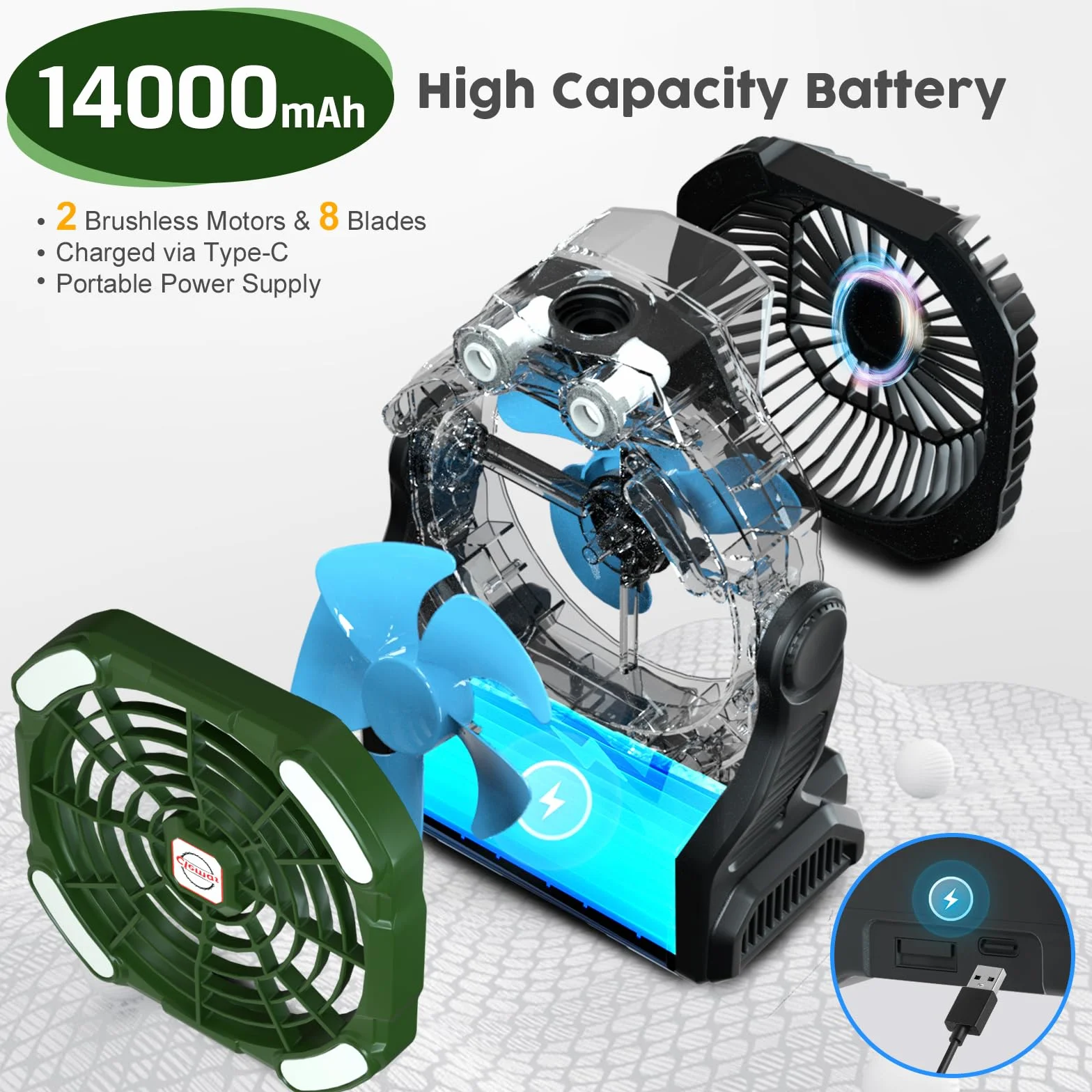 Ventilateur de Camping Rechargeable Portable 14000mAh/26000mAh avec Brumisateur RGB LED Minuteur