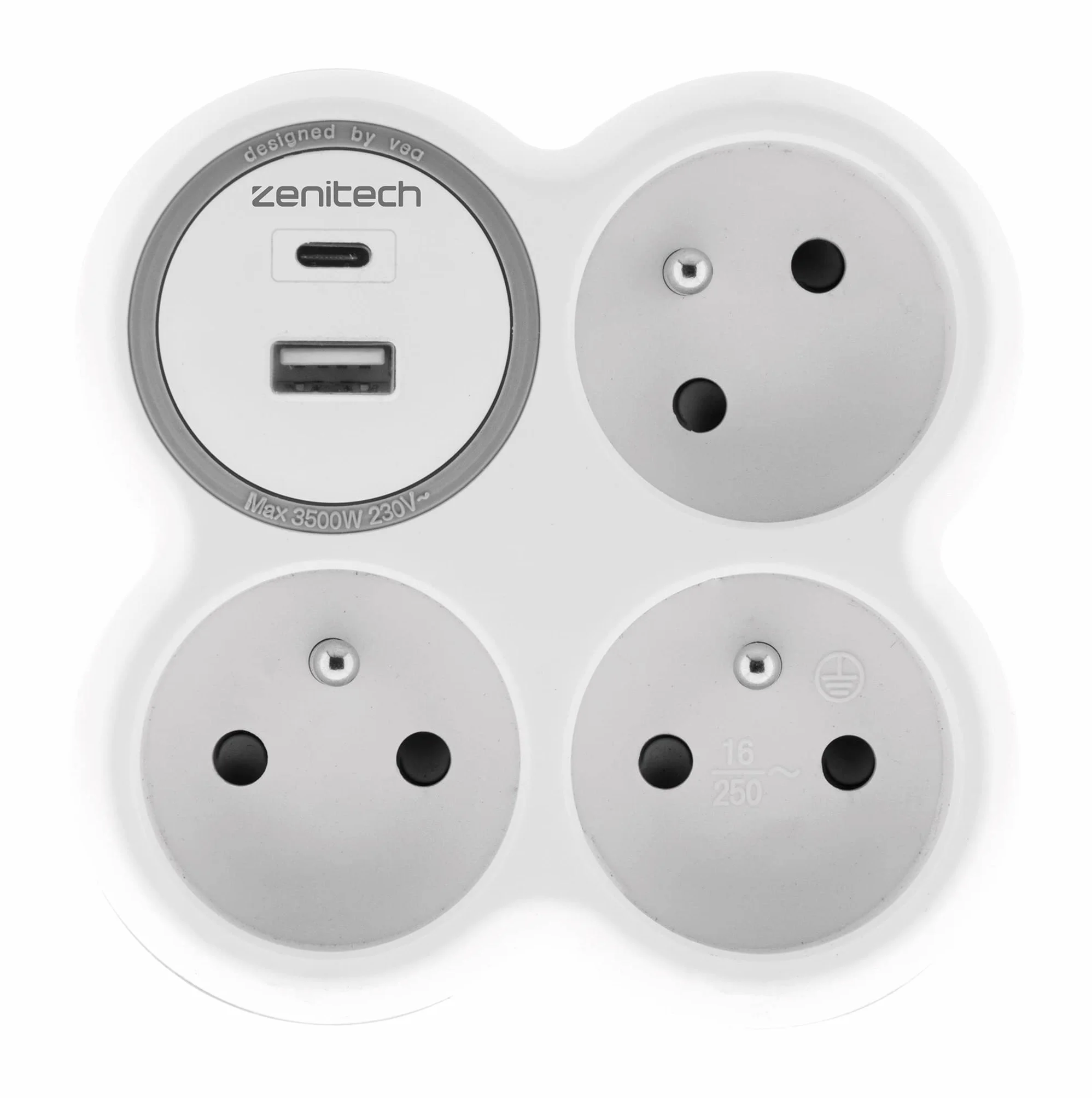 Zenitech Prise 3x16A 2 Ports USB A/C Blanc Gris