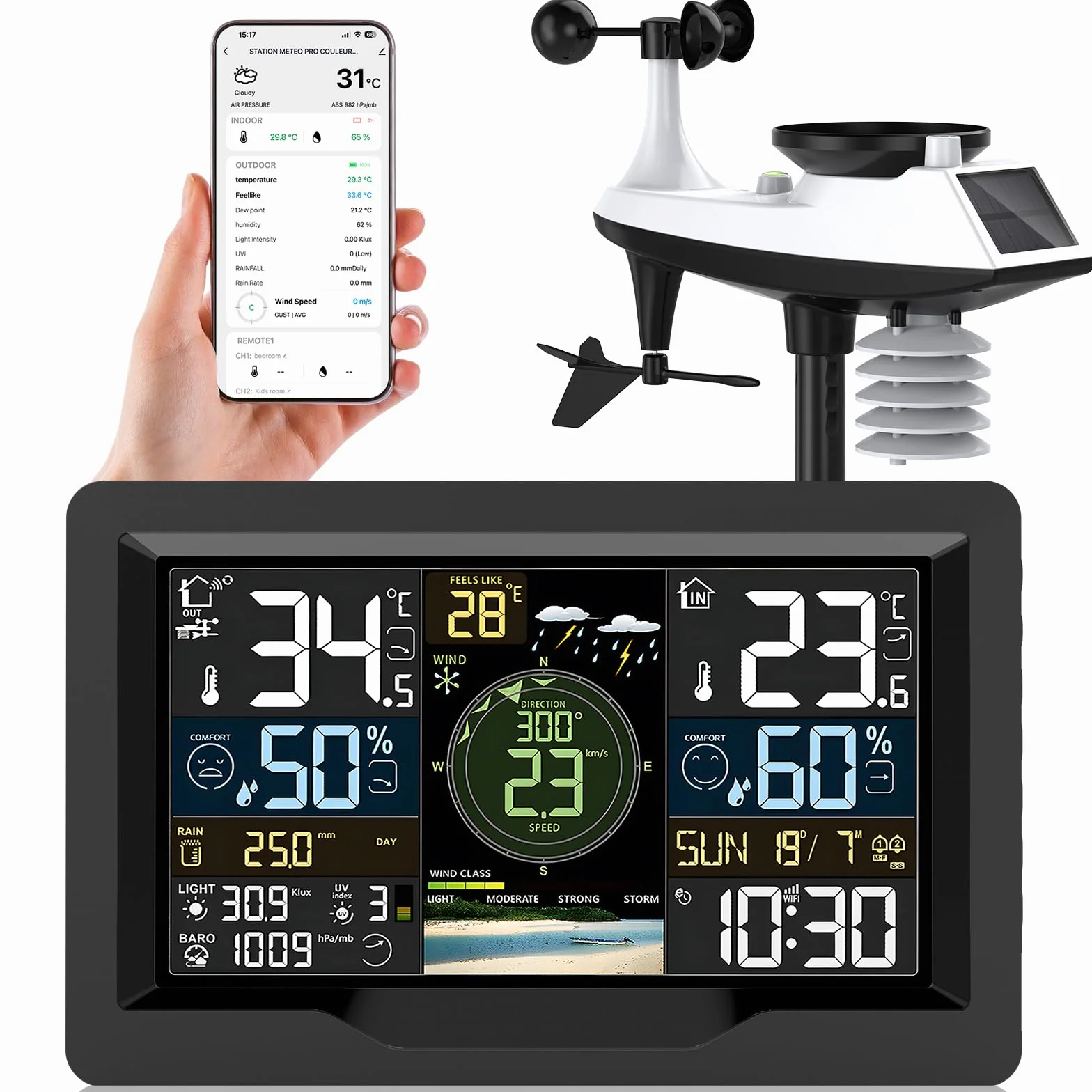 Station Météo WiFi Professionnelle 7 en 1 avec Capteur Extérieur sans Fil, Pluviomètre, Anémomètre, Girouette, Baromètre et Prévision Météo