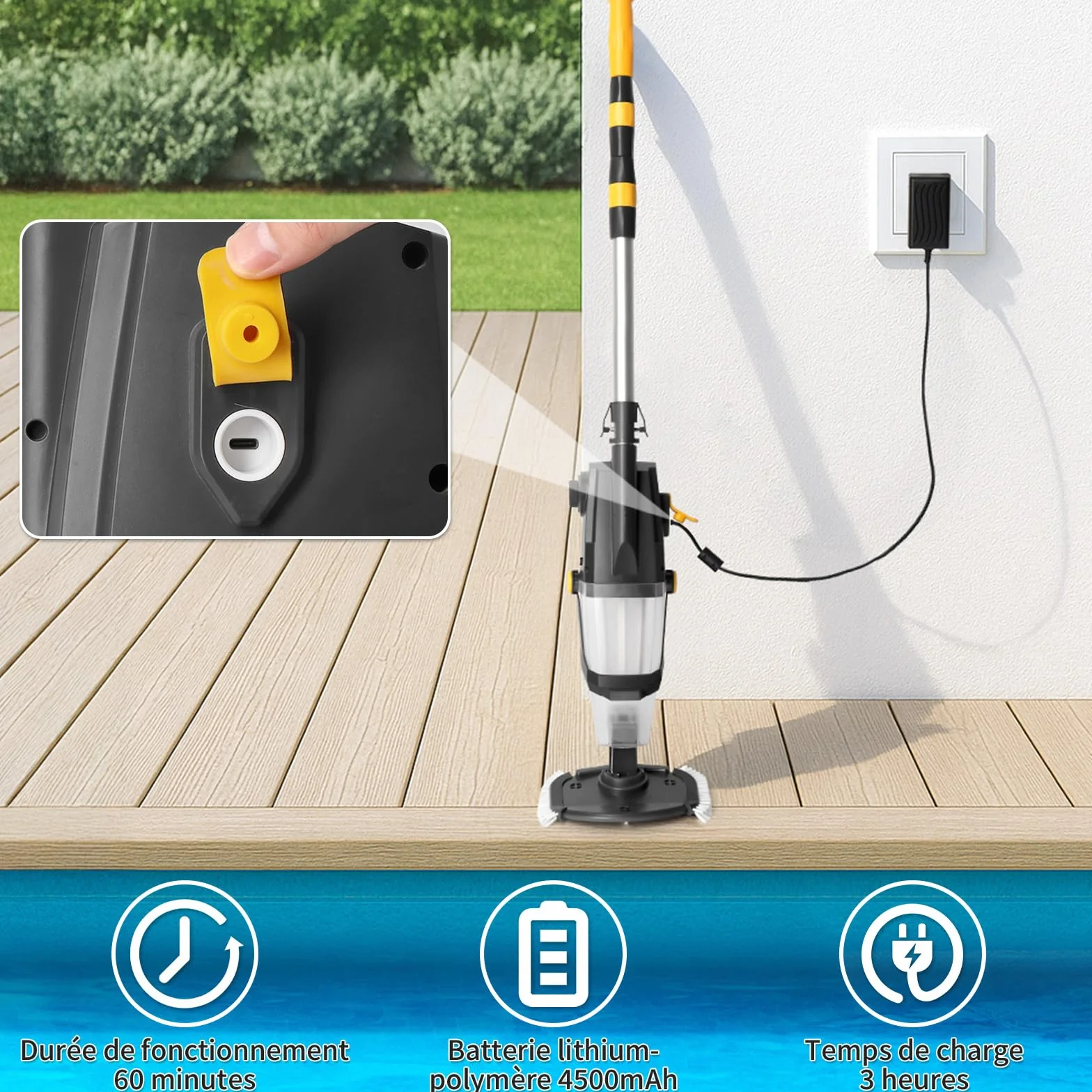 LEADZM Aspirateur Piscine sans Fil 4500mAh 100L/Min Autonomie 60 Min 190×23,7×17cm