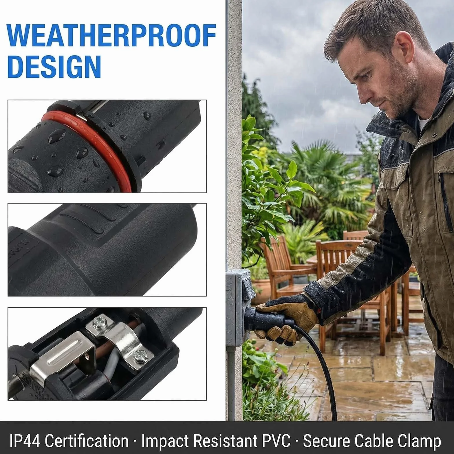 Fiche Electrique Etanche 250V/16A IP44 2 Pôles PVC Prise Male et Femelle 3 Sets