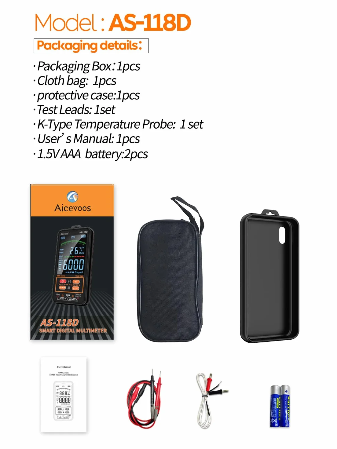Multimetre Numerique intelligent TRMS AS-118D Voltmetre Ampèremètre Automatique Mesure Tension Courant Capacité Résistance