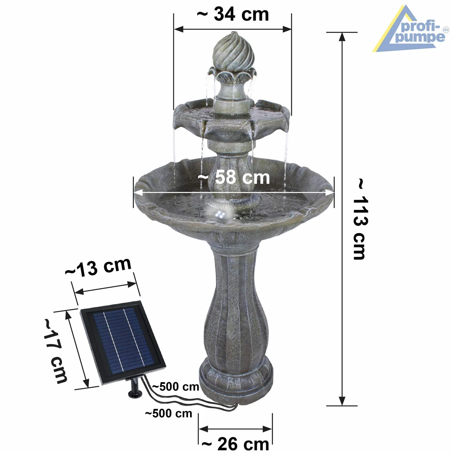 Fontaine De Jardin Solaire 113cm avec Batterie Li-ION et Lumières LED Pompe pour Jardin