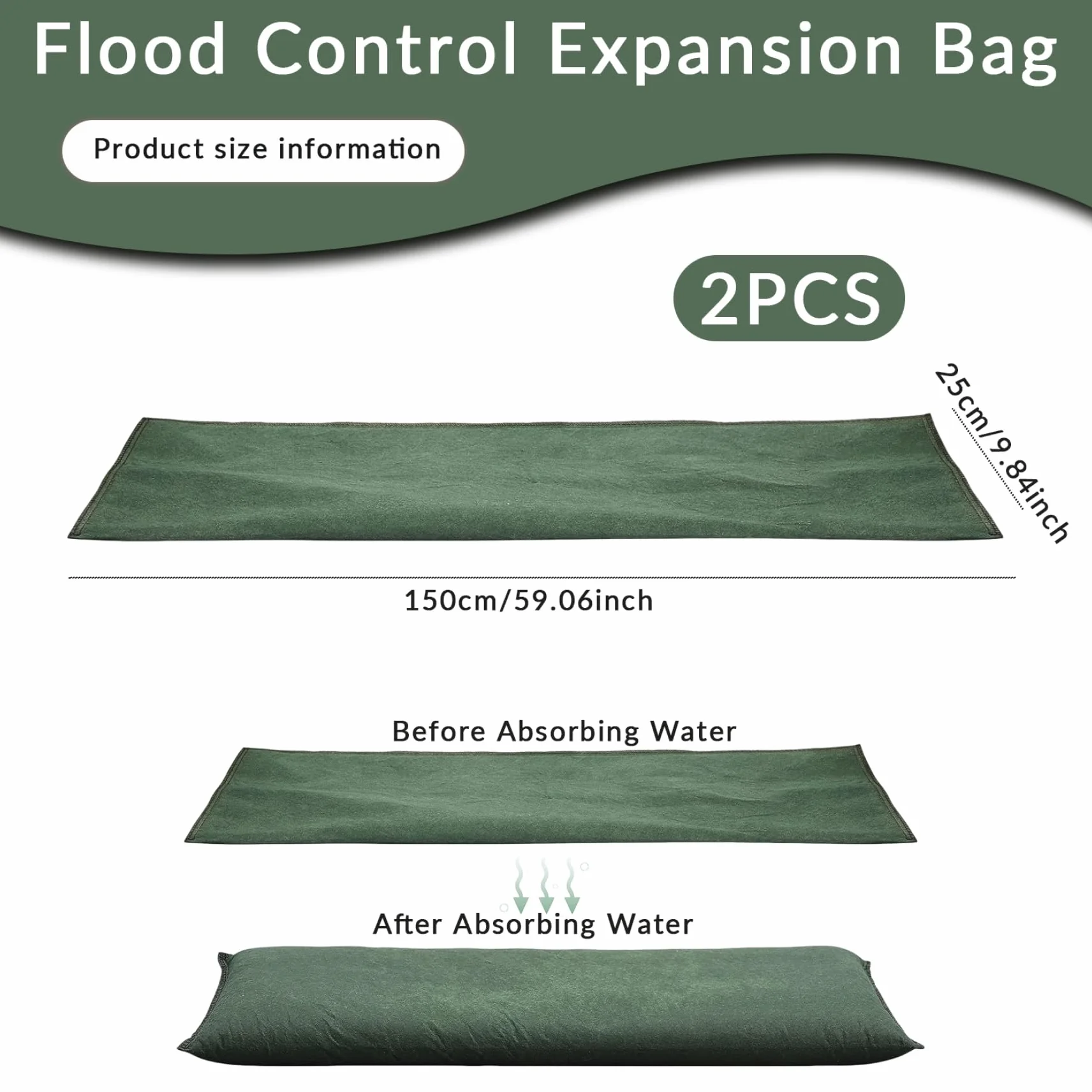 Barrières anti-inondation sans sable 25 x 150 cm, lot de 2, absorption rapide, réutilisables