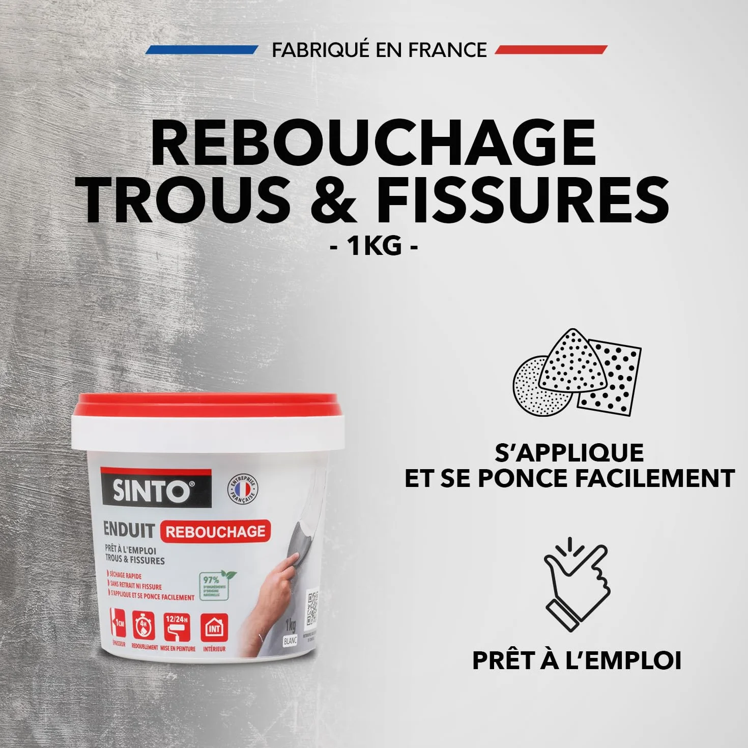 SINTO Enduit Rebouchage Trous et Fissures Prêt à l'Emploi 1kg