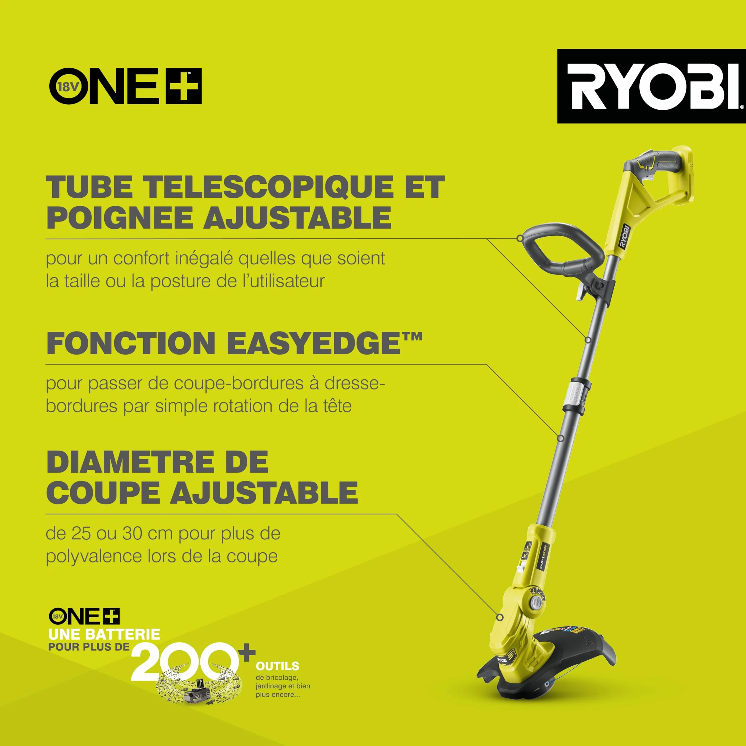 RYOBI Coupe-Bordures sans Fil 18V One+ OLT1832 Ø25-30 cm Hauteur Télescopique Mode Dresse-Bordure