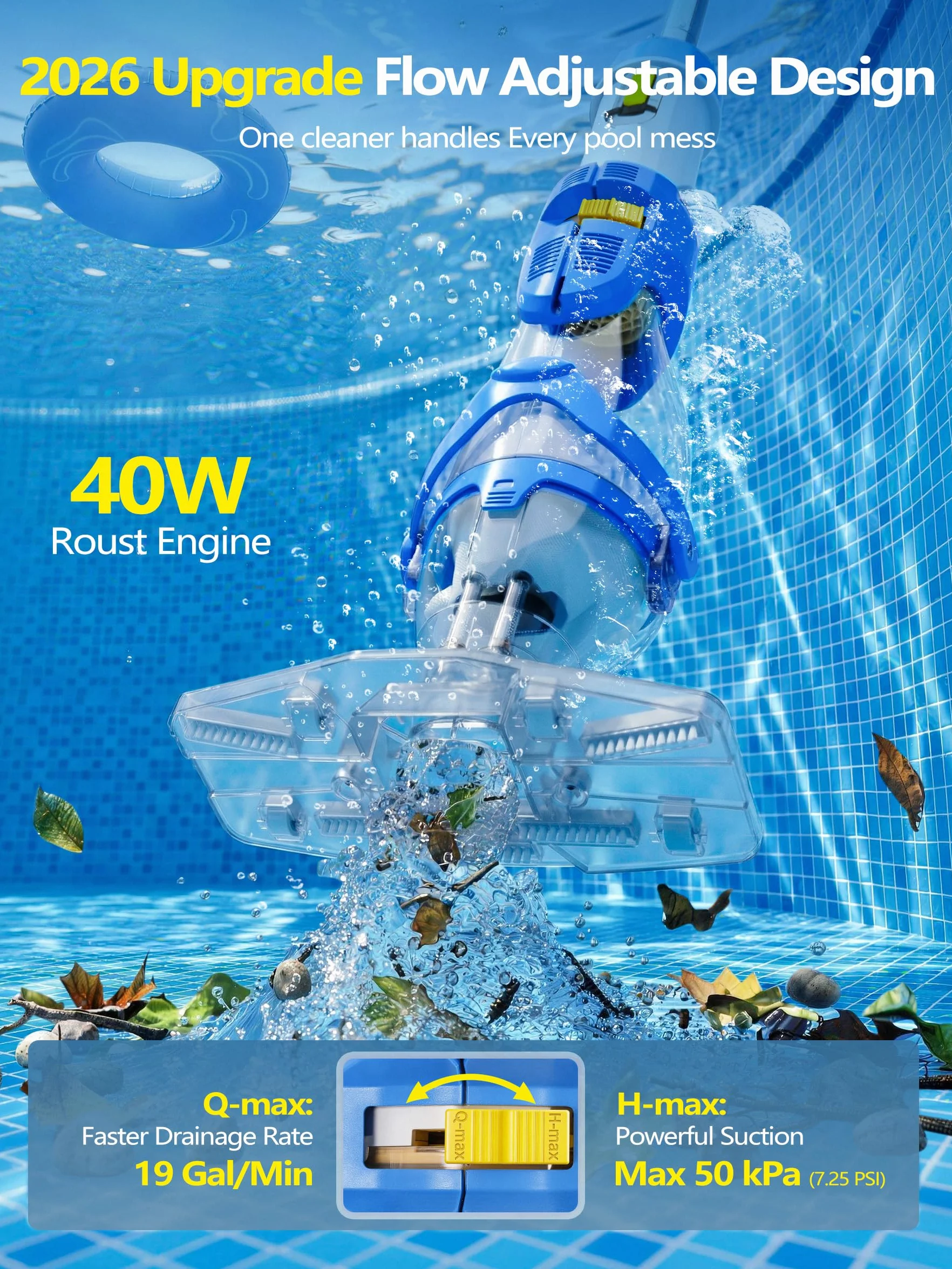 LanOcean Aspirateur Piscine Hors Sol, 2 Modes Aspirateurs Piscines Batterie Débit 4300 L/H, Manuel Aspirateur Piscine sans Fil avec Tige Télescopique, Autonomie 70min Aspirateurs Balai Piscines Spas