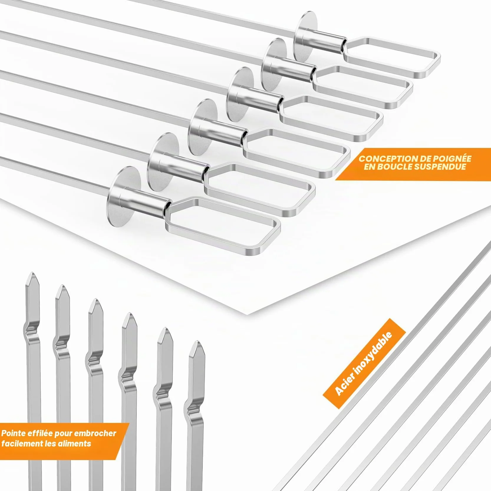 onlyfire Set de Brochettes pour Barbecue en Acier Inoxydable, Pic Brochette INOX avec Support, 6 Brochettes à Viande, Brochettes de Grillades pour Barbecue et Grille, pour Viande et Légumes