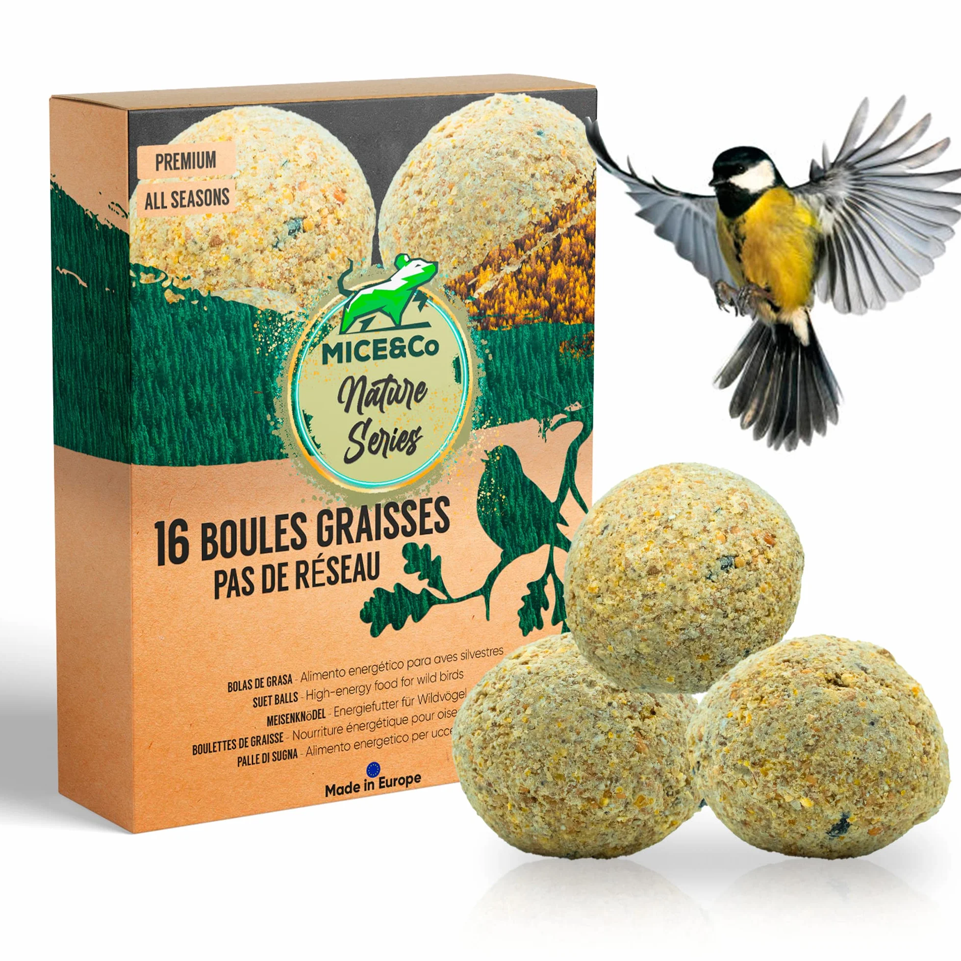 Mice&Co Boules de Graisse Naturelles pour Oiseaux Sauvages - Nourriture Extérieure sans Filet, Alimentation Toute l’Année, 16 x 90g